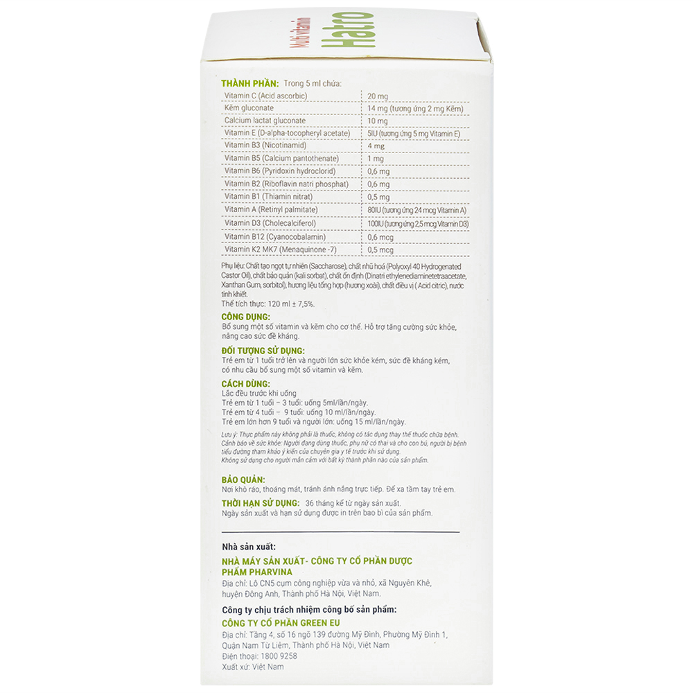 Siro bổ sung các vitamin và kẽm cho trẻ Multi Vitamin Hatro (120ml)