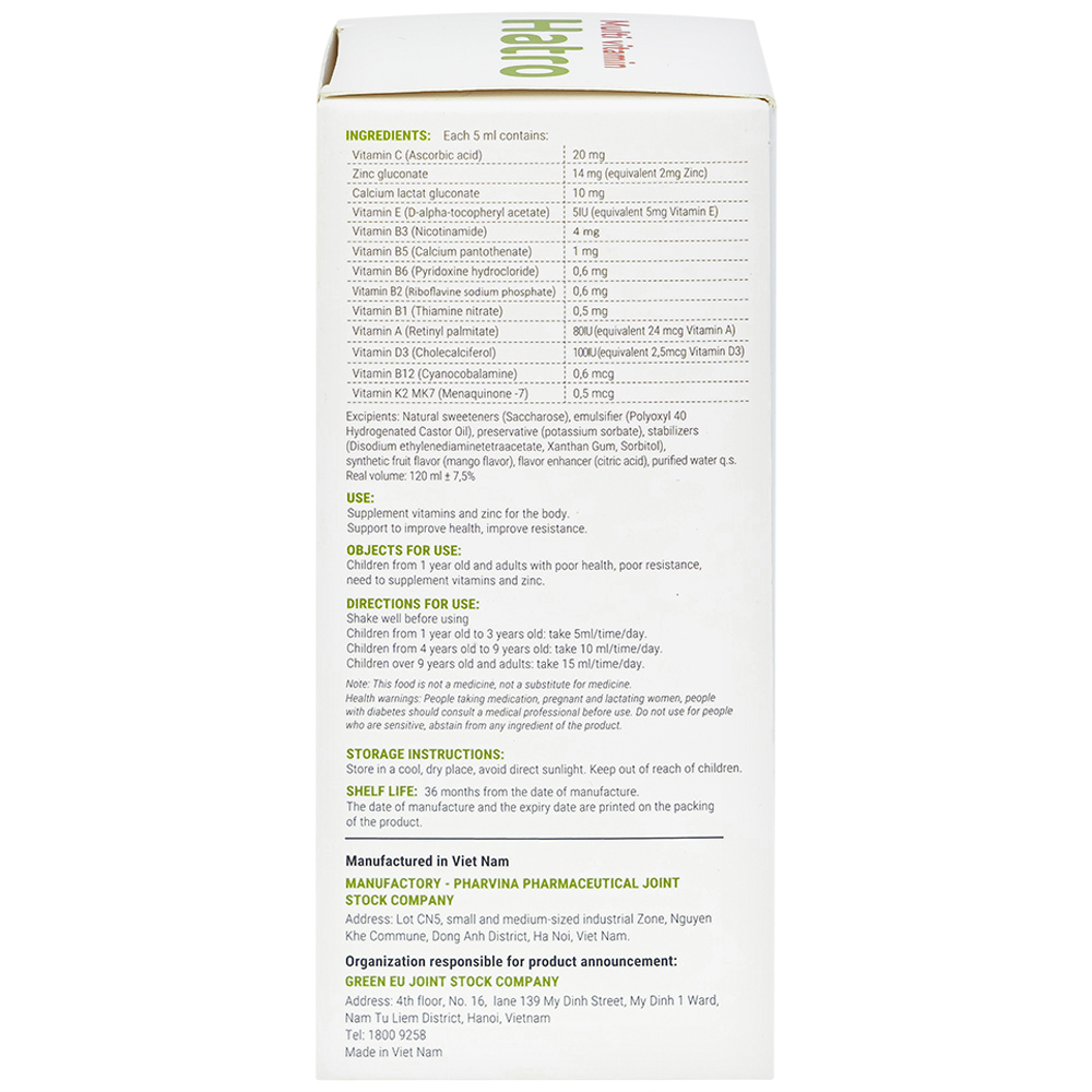 Siro bổ sung các vitamin và kẽm cho trẻ Multi Vitamin Hatro (120ml)
