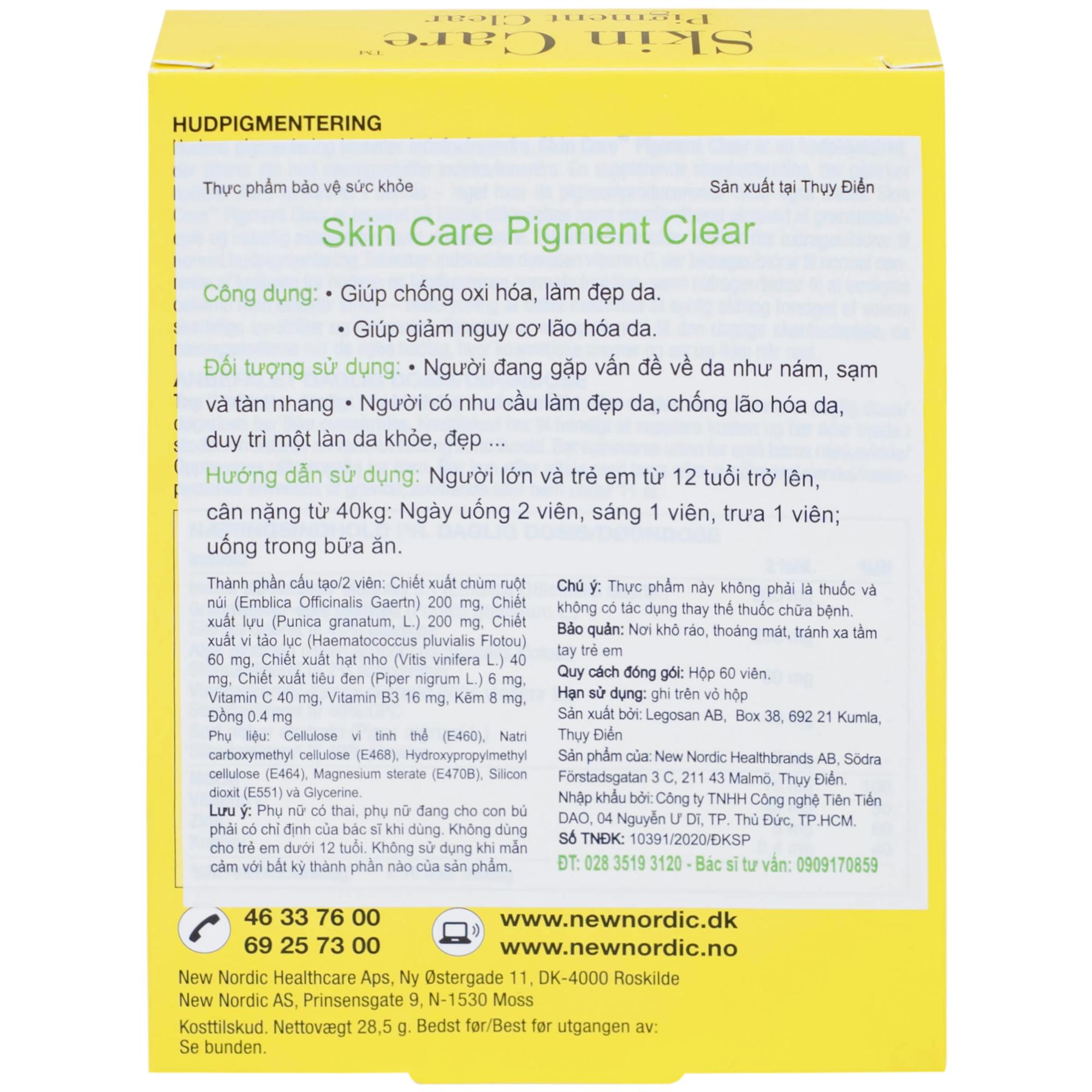 Viên uống giúp làm đẹp da, chống oxi hóa và giảm lão hóa da Skin Care Pigment Clear New Nordic (2 vỉ x 30 viên)