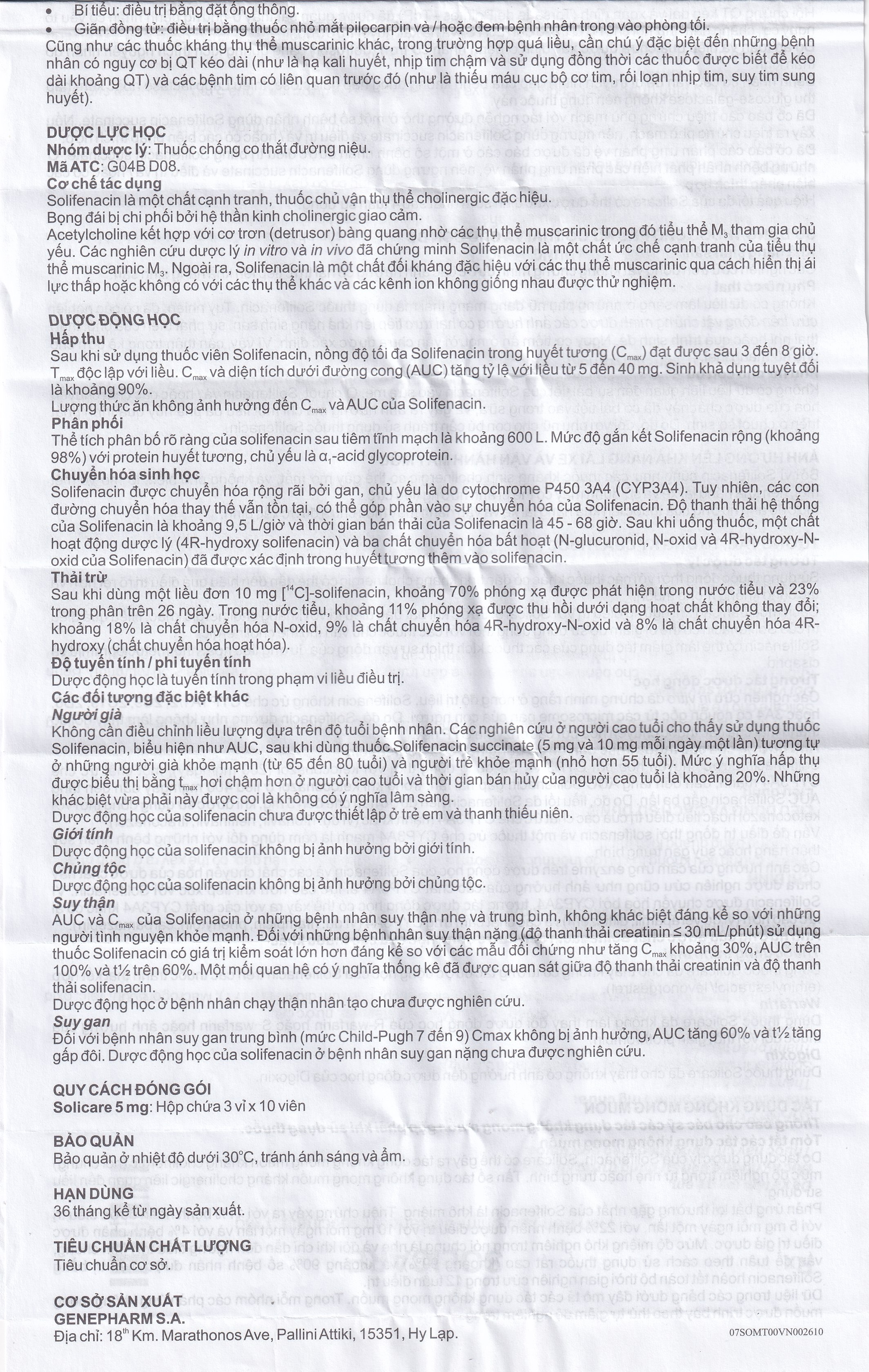 Thuốc Solicare 5mg Genepharm điều trị tiểu không kiểm soát do bàng quang kích thích (3 vỉ x 10 viên)