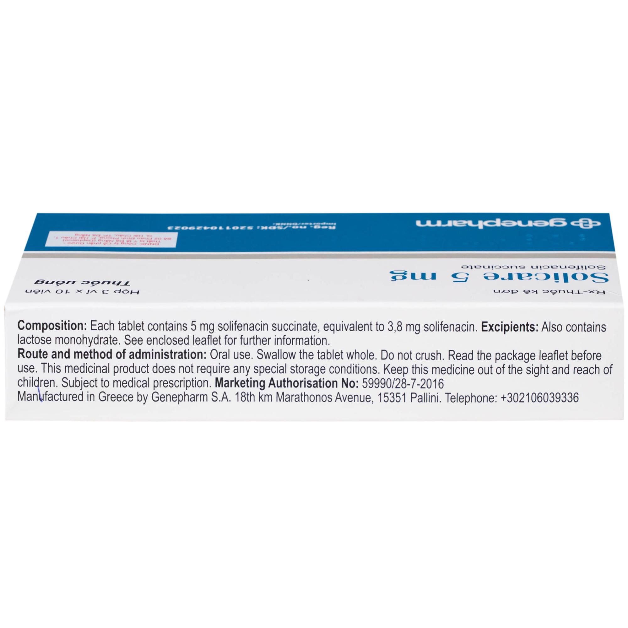 Thuốc Solicare 5mg Genepharm điều trị tiểu không kiểm soát do bàng quang kích thích (3 vỉ x 10 viên)