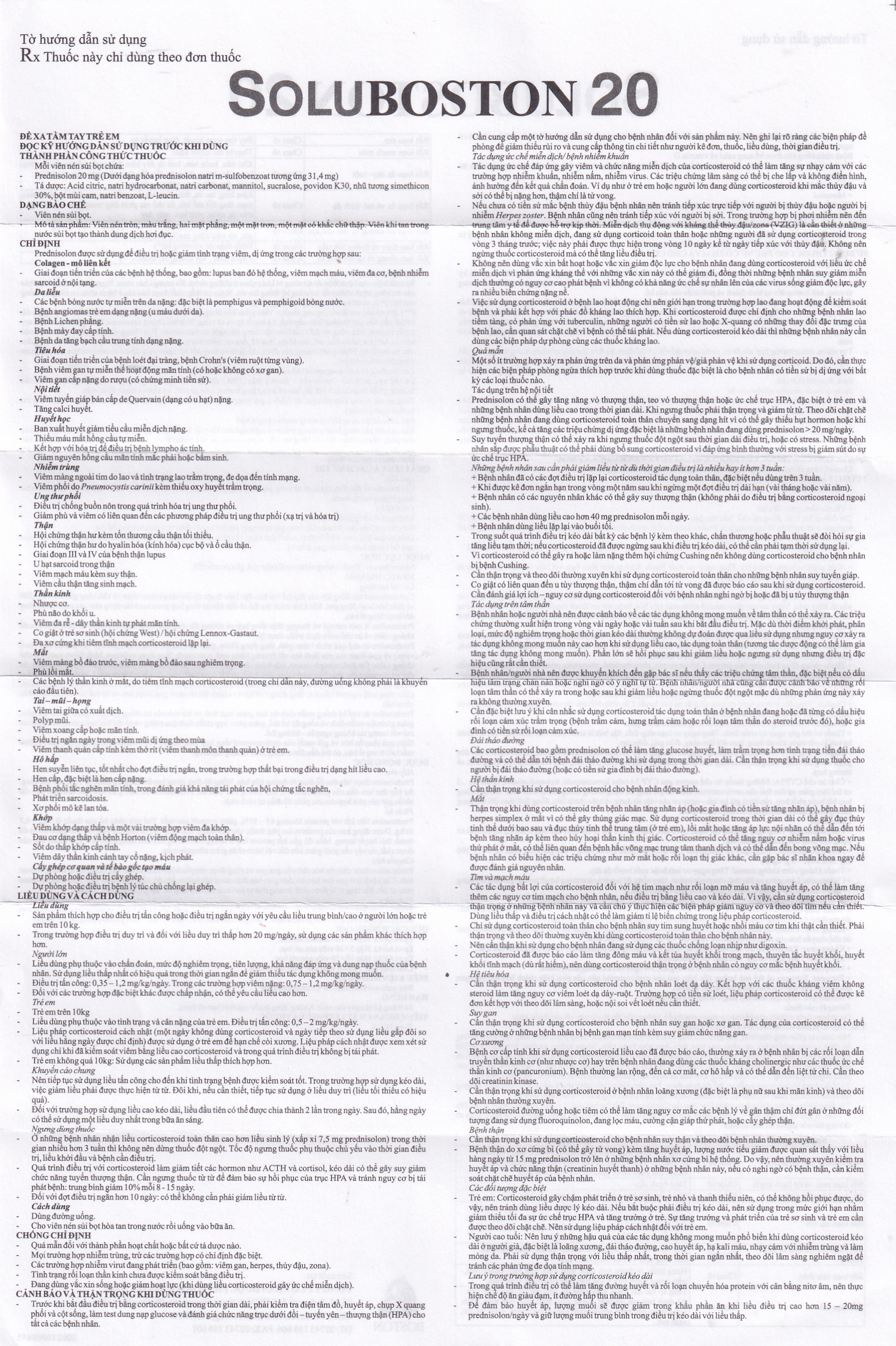 Viên sủi Soluboston 20 Boston điều trị giảm tình trạng viêm, dị ứng (2 vỉ x 10 viên)