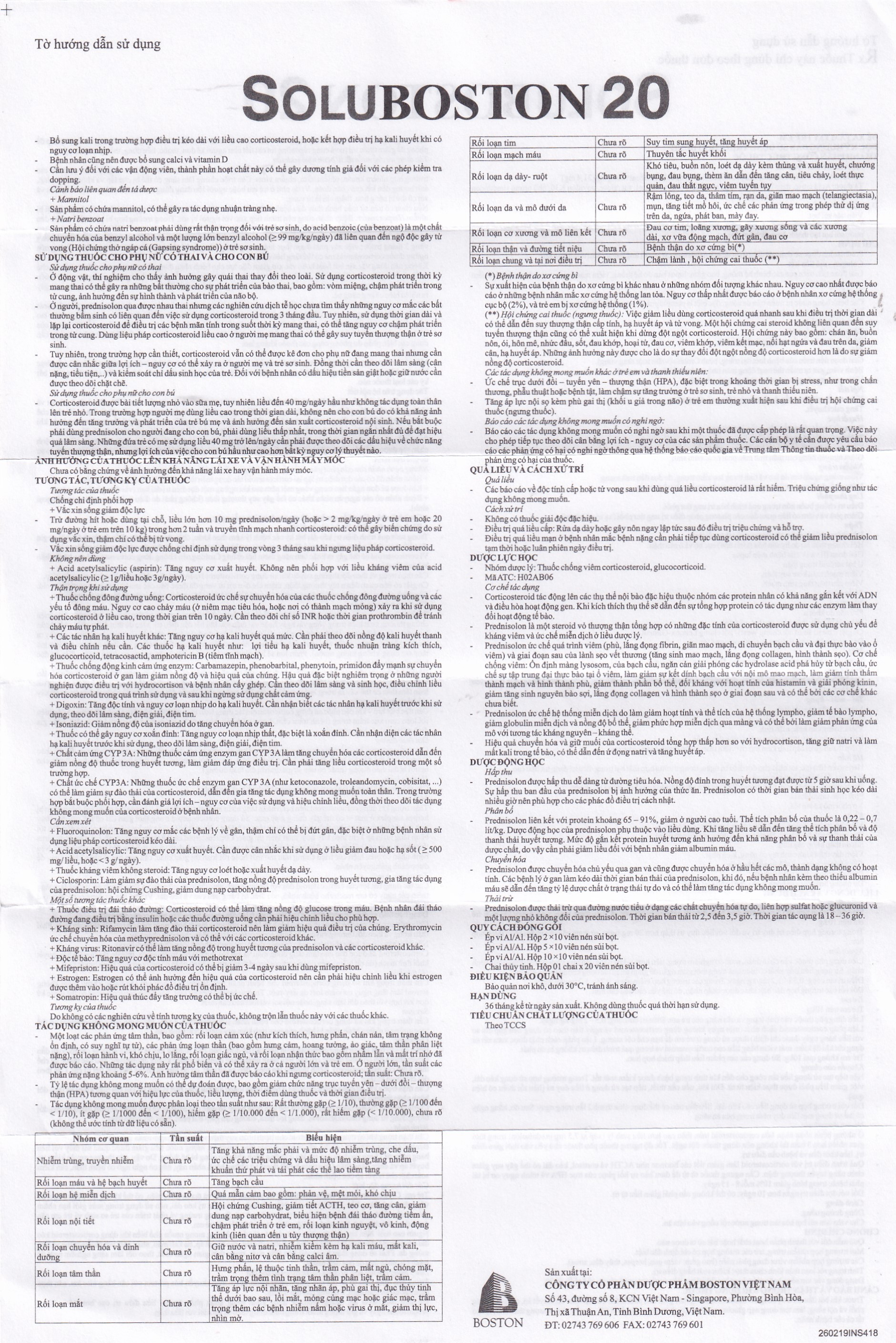 Viên sủi Soluboston 20 Boston điều trị giảm tình trạng viêm, dị ứng (2 vỉ x 10 viên)