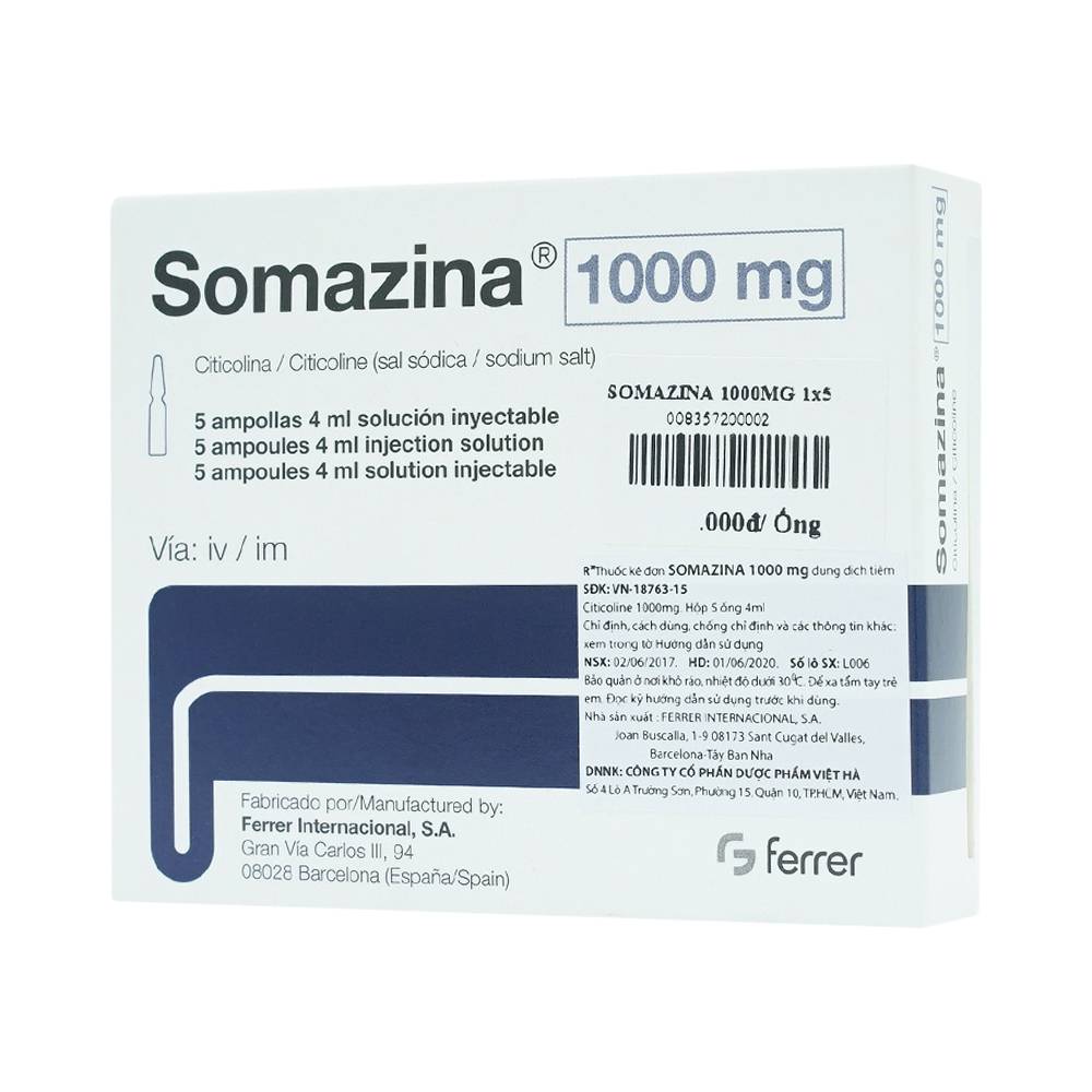 Thuốc tiêm Somazina 1000mg điều trị các rối loạn nhận thức, cảm giác (5 ống x 4ml)