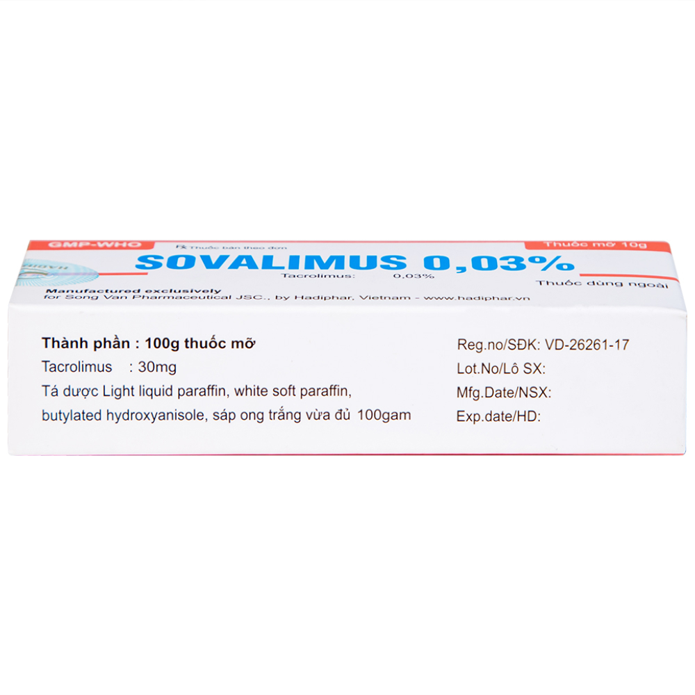 Thuốc mỡ Sovalimus 0.03% Hadiphar điều trị viêm da (10g)