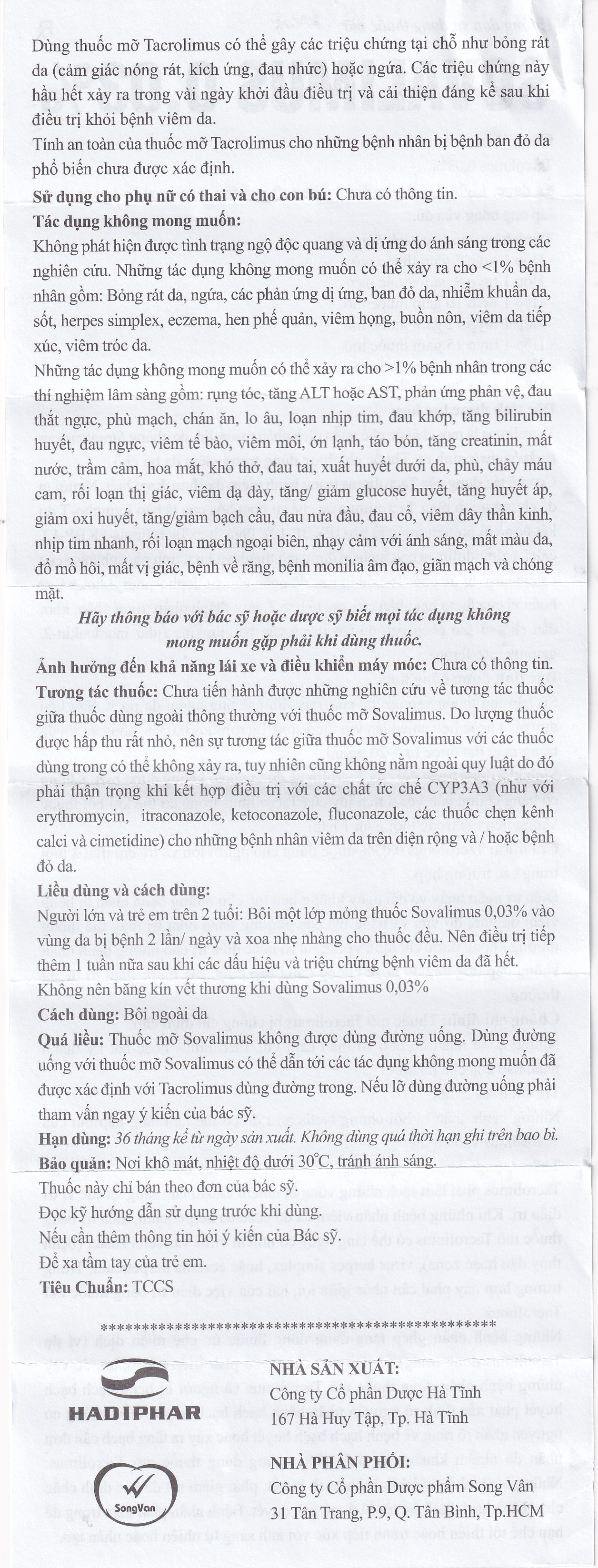 Thuốc mỡ Sovalimus 0.03% Hadiphar điều trị viêm da (10g)