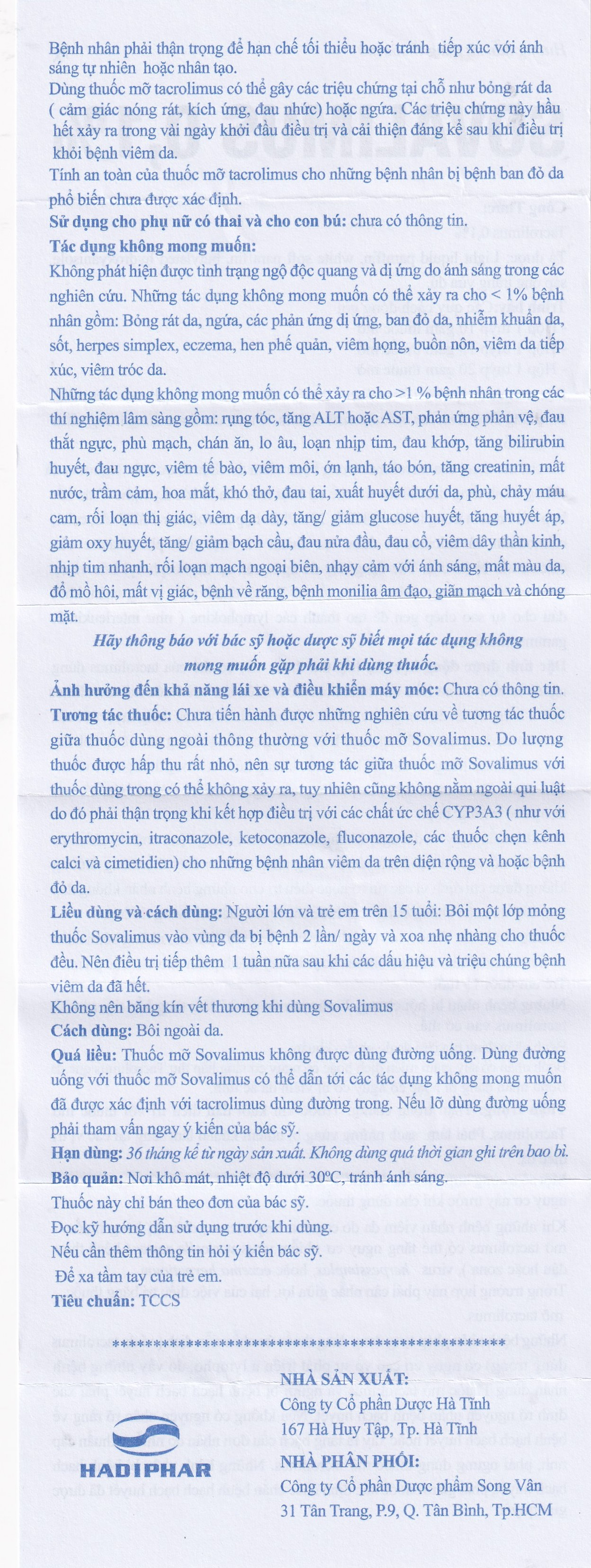 Thuốc mỡ Sovalimus 0.1% Hadiphar  điều trị chàm cơ địa (10g)