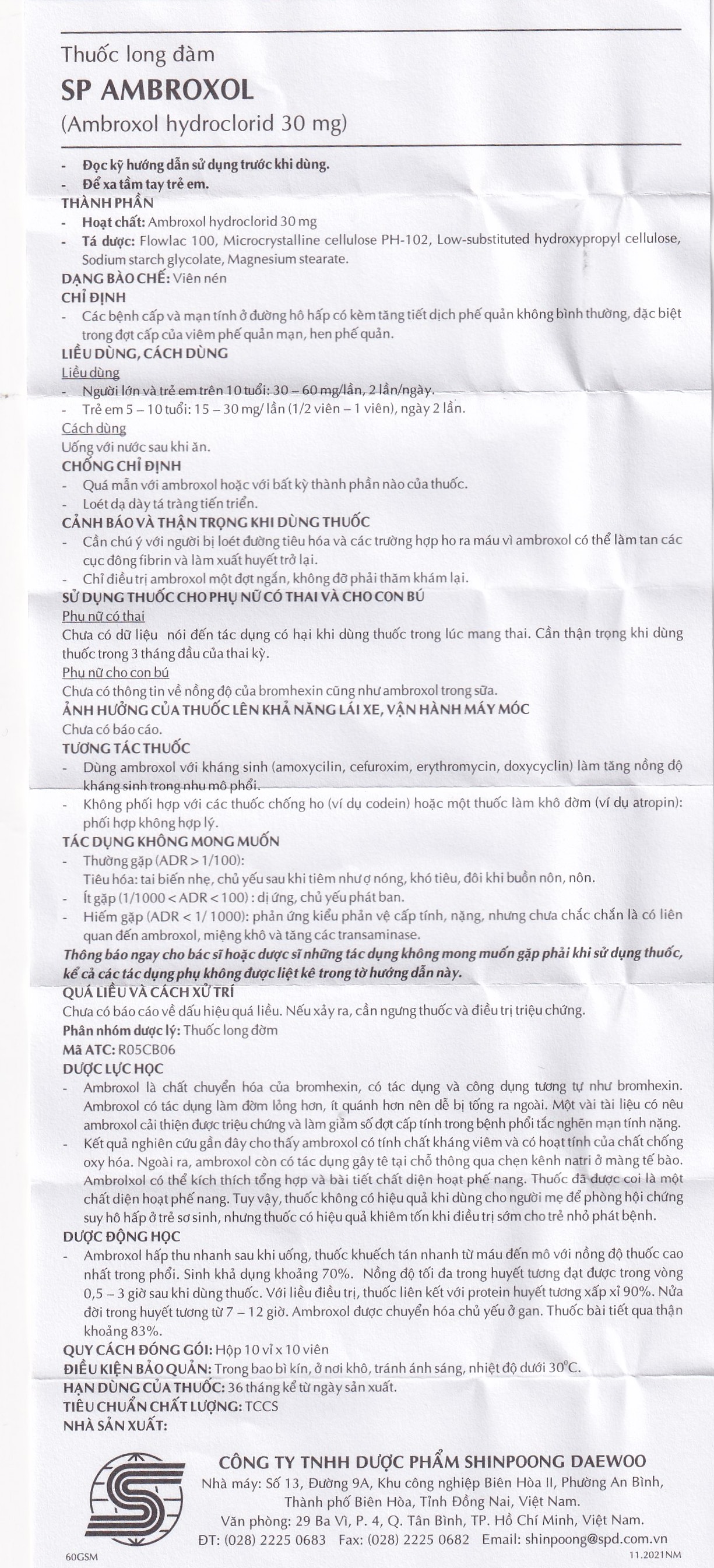 Thuốc SP Ambroxol 30mg điều trị các bệnh cấp và mạn tính ở đường hô hấp (10 vỉ x 10 viên)