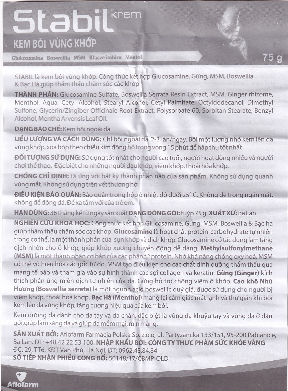 Kem bôi Stabil Krem Aflofarm vùng khớp giảm đau, kháng viêm (75g)