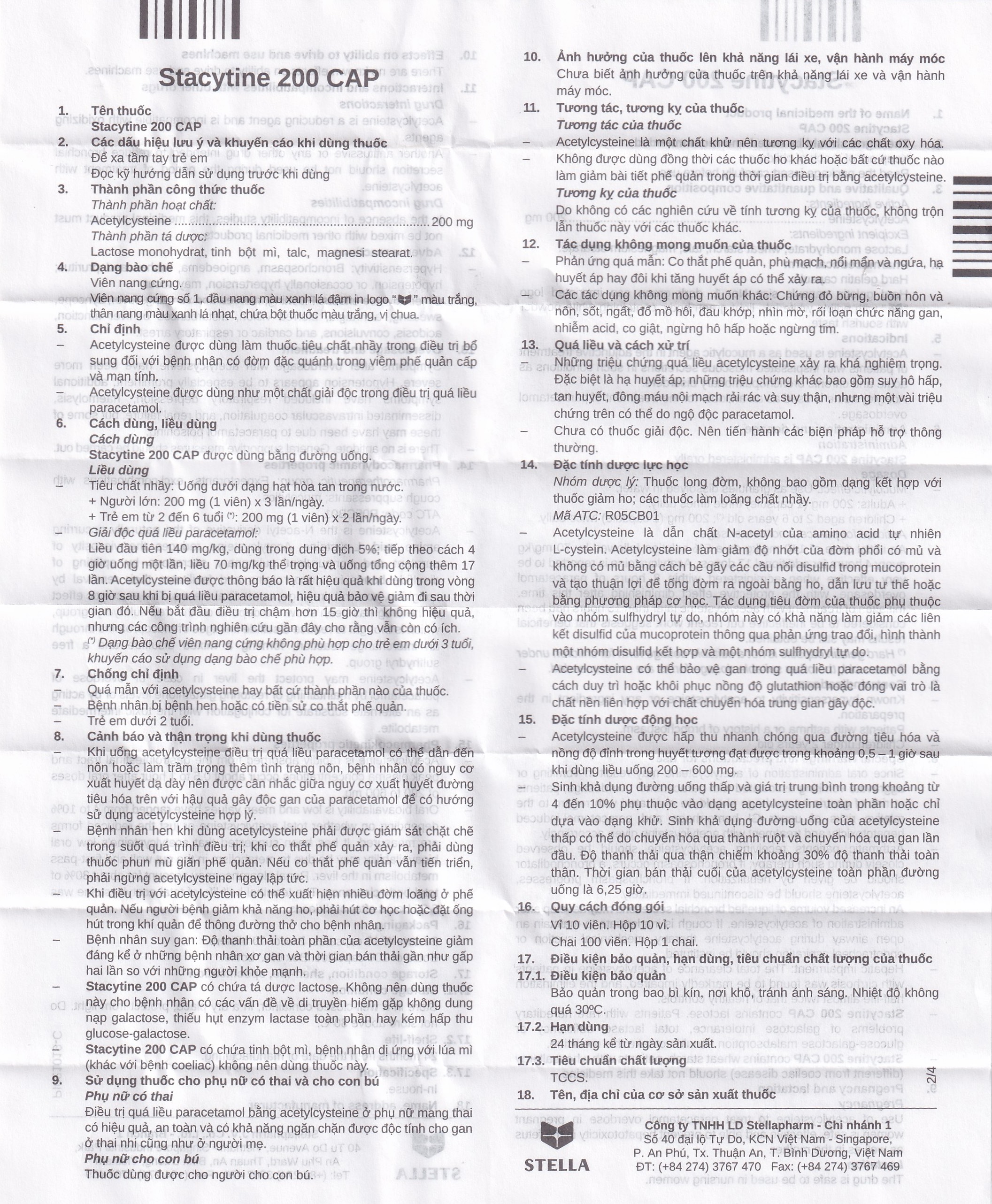 Thuốc Stacytine 200 CAP Stella điều trị long đờm trong viêm phế quản (10 vỉ x 10 viên)