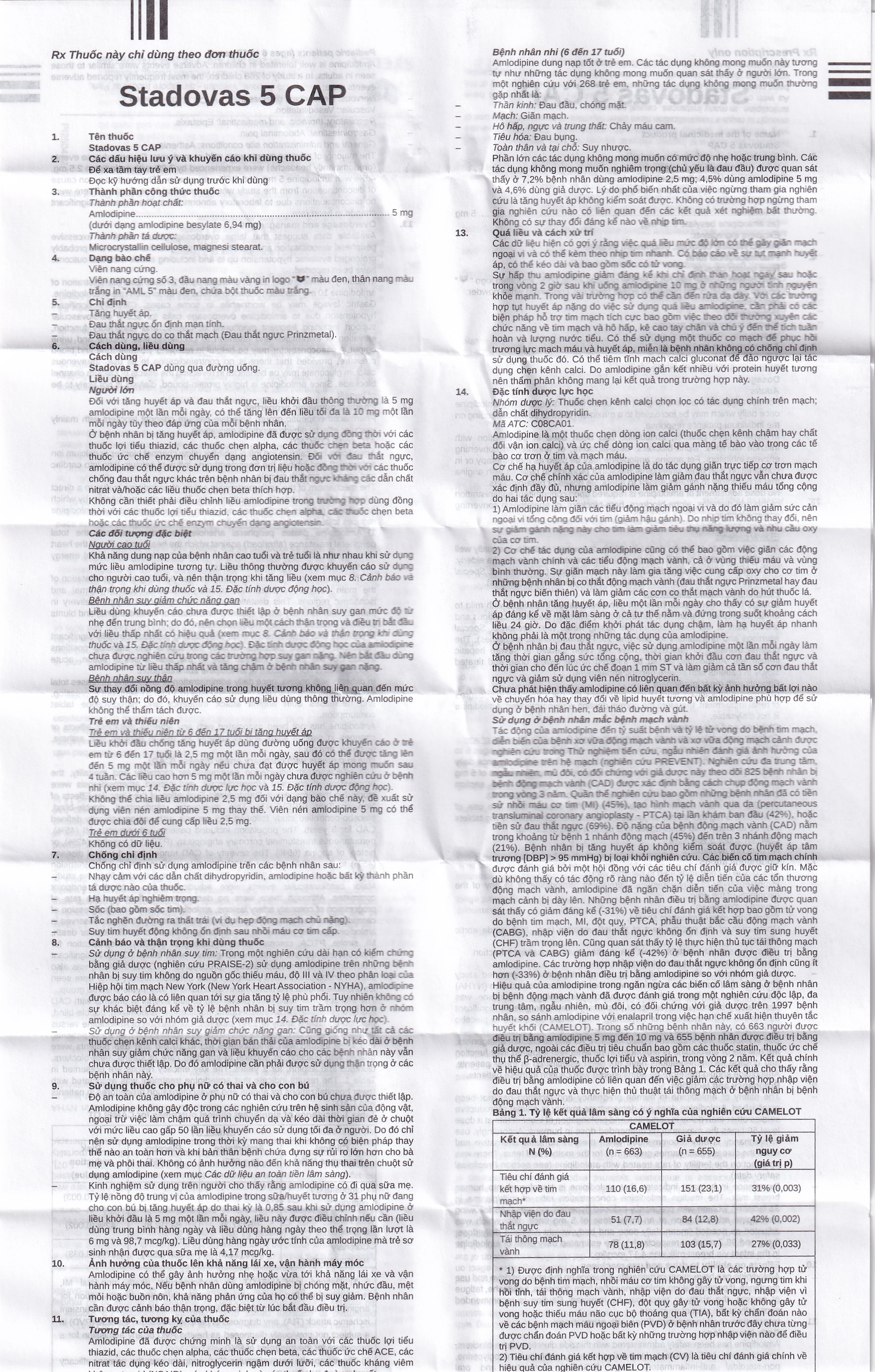 Thuốc Stadovas 5 CAP Stella điều trị tăng huyết áp, đau thắt ngực mạn tính ổn định (3 vỉ x 10 viên)