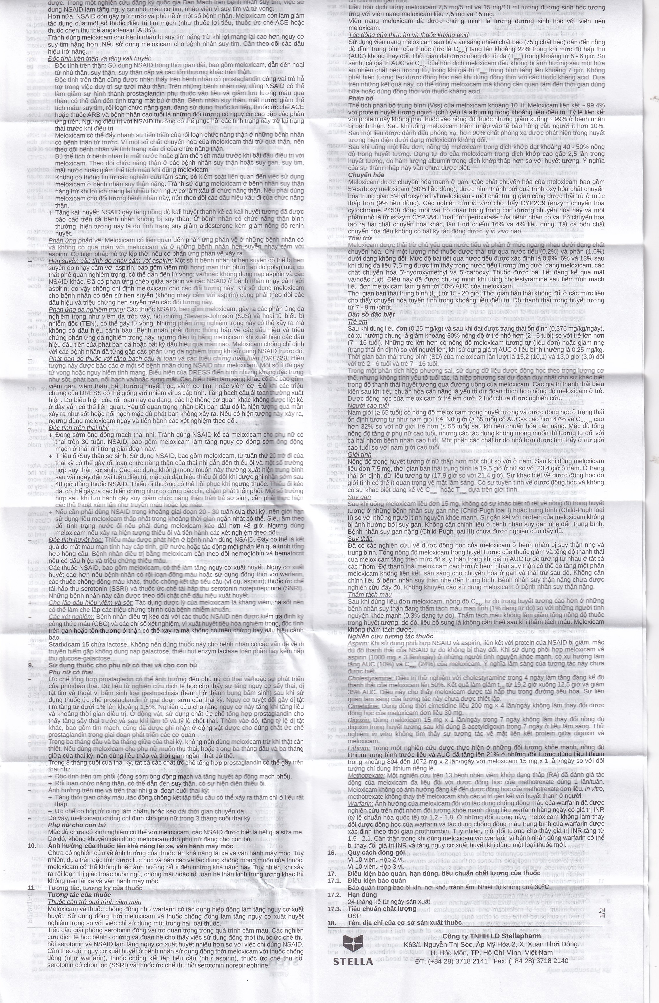 Thuốc Stadxicam 15 Stella điều trị thoái hóa khớp, viêm khớp dạng thấp (3 vỉ x 10 viên)