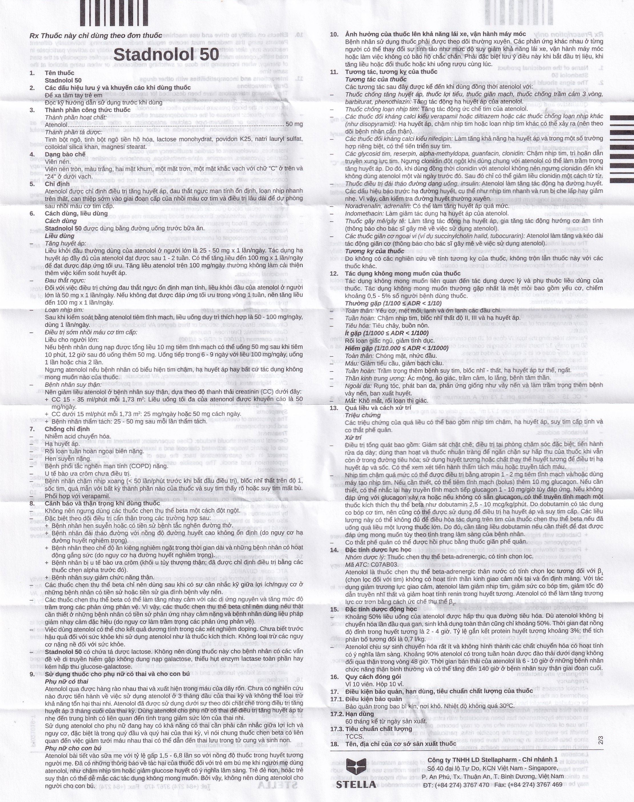 Thuốc Stadnolol 50 Stella điều trị tăng huyết áp, đau thắt ngực mạn tính ổn định (10 vỉ x 10 viên) 