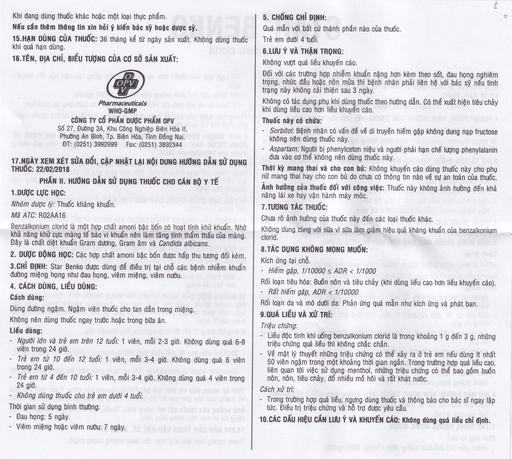 Viên ngậm Star Benko OPV điều trị nhiễm khuẩn miệng, họng (2 vỉ x 12 viên)