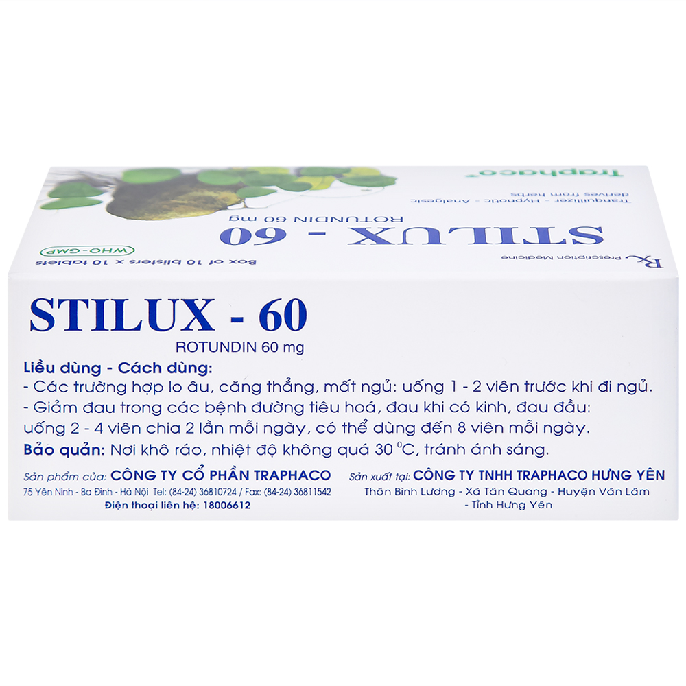 Thuốc Stilux-60 Traphaco dùng lo âu, căng thẳng, mất ngủ (10 vỉ x 10 viên) 