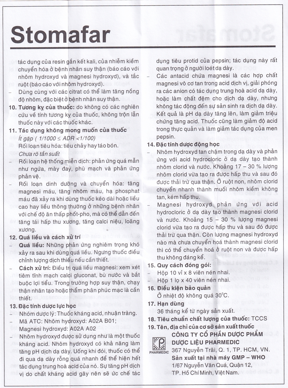 Viên nhai Stomafar Pharmedic điều trị trung hòa acid dạ dày (10 vỉ x 8 viên)