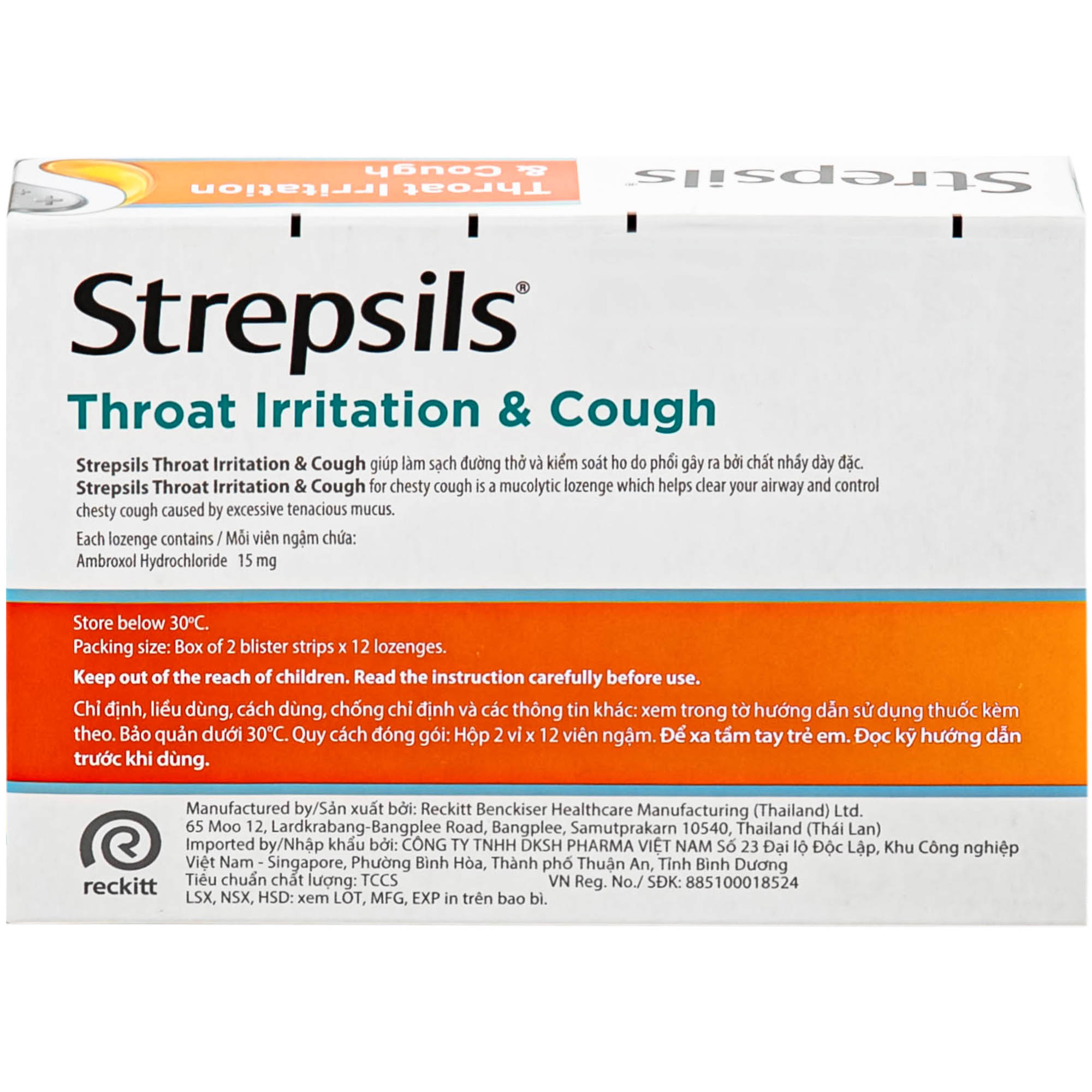 Viên ngậm Strepsils Throat Irritation & Cough Reckitt Benckiser giúp làm sạch đường thở và kiểm soát ho (2 vỉ x 12 viên)
