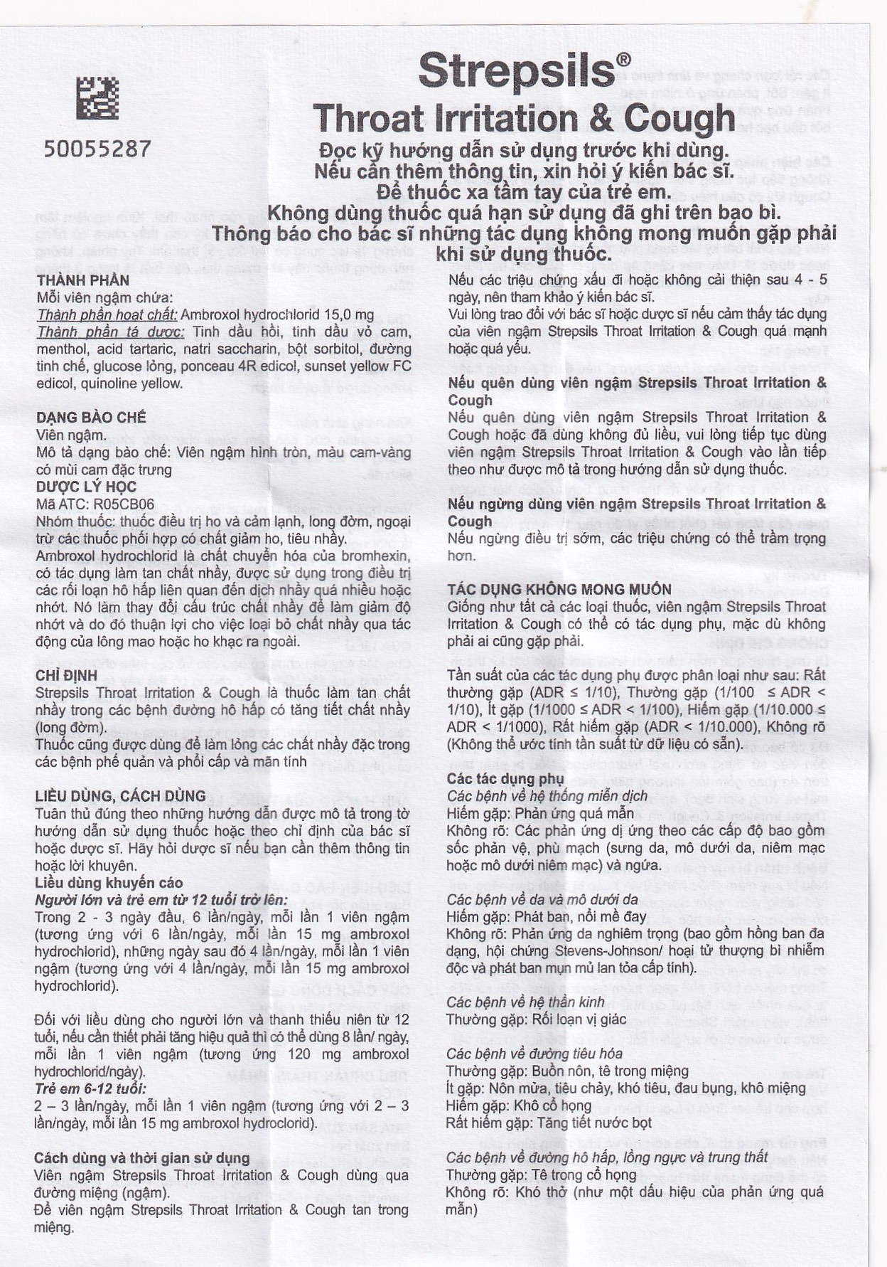 Viên ngậm Strepsils Throat Irritation & Cough Reckitt Benckiser giúp làm sạch đường thở và kiểm soát ho (2 vỉ x 12 viên)