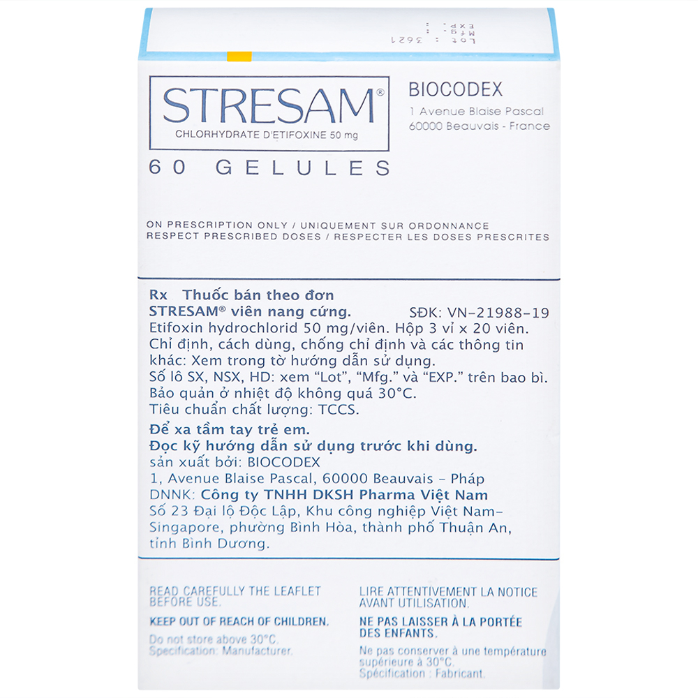 Thuốc Stresam Biocodex điều trị các biểu hiện dạng tâm thể của lo âu (3 vỉ x 20 viên)