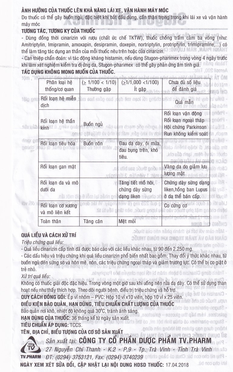 Thuốc Stugon-Pharimex TV.Pharm điều trị triệu chứng hoa mắt, chóng mặt, ù tai (10 vỉ x 25 viên)