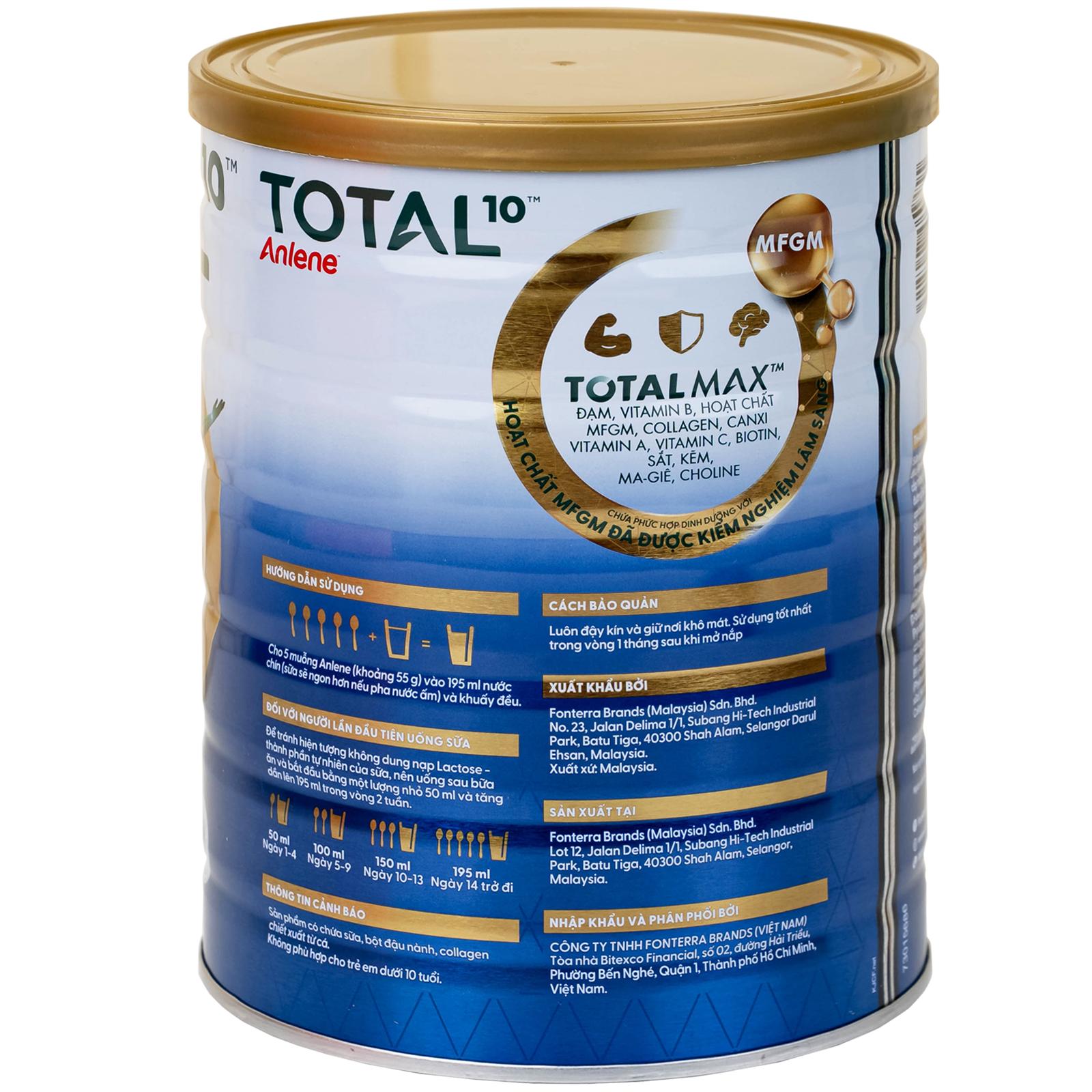 Sữa bổ sung hệ dưỡng chất cho vận động tiêu hóa người trên 40 tuổi Anlene Total 10 (800g)