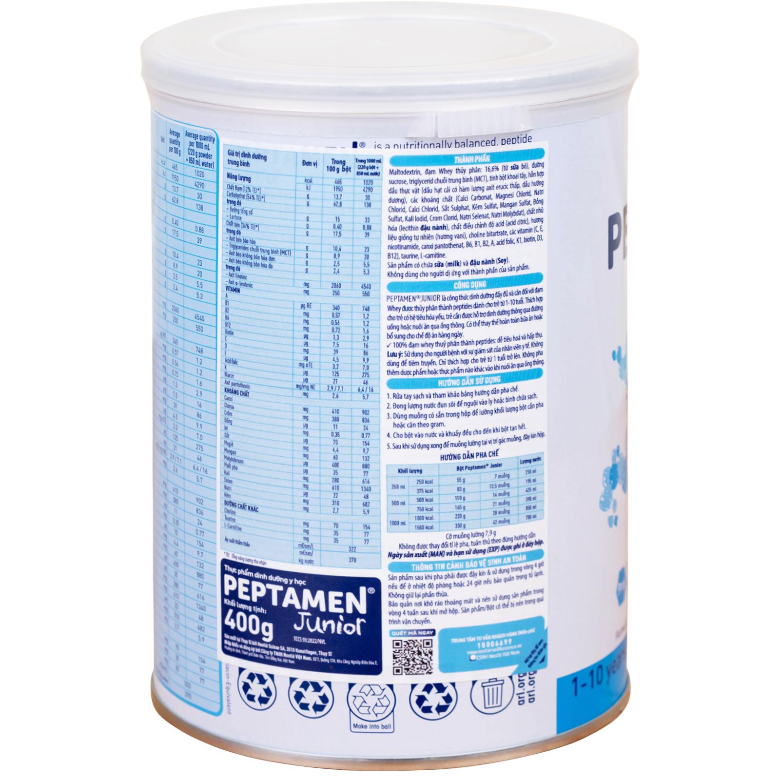 Sữa bổ sung dinh dưỡng chuyên biệt cho bệnh nhi suy yếu Peptamen Junior (400g)