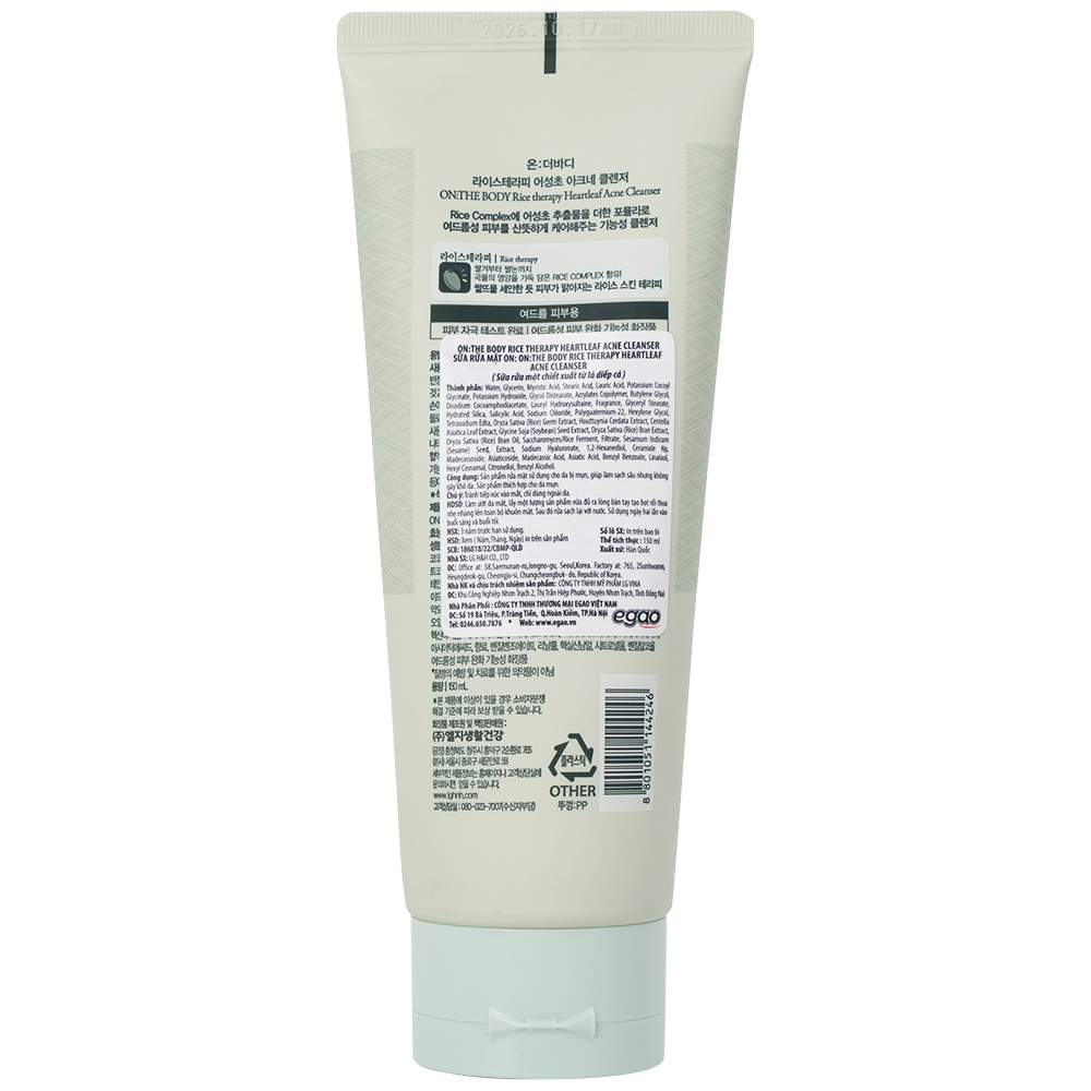 Sữa rửa mặt ngừa mụn On: The Body Rice Therapy Rice Heartleaf Acne Cleanser 150ml