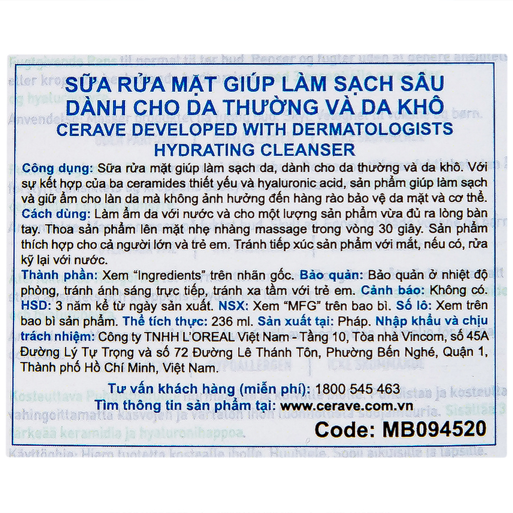 Sữa rửa mặt cho da thường và khô Cerave Hydrating Cleanser 236ml