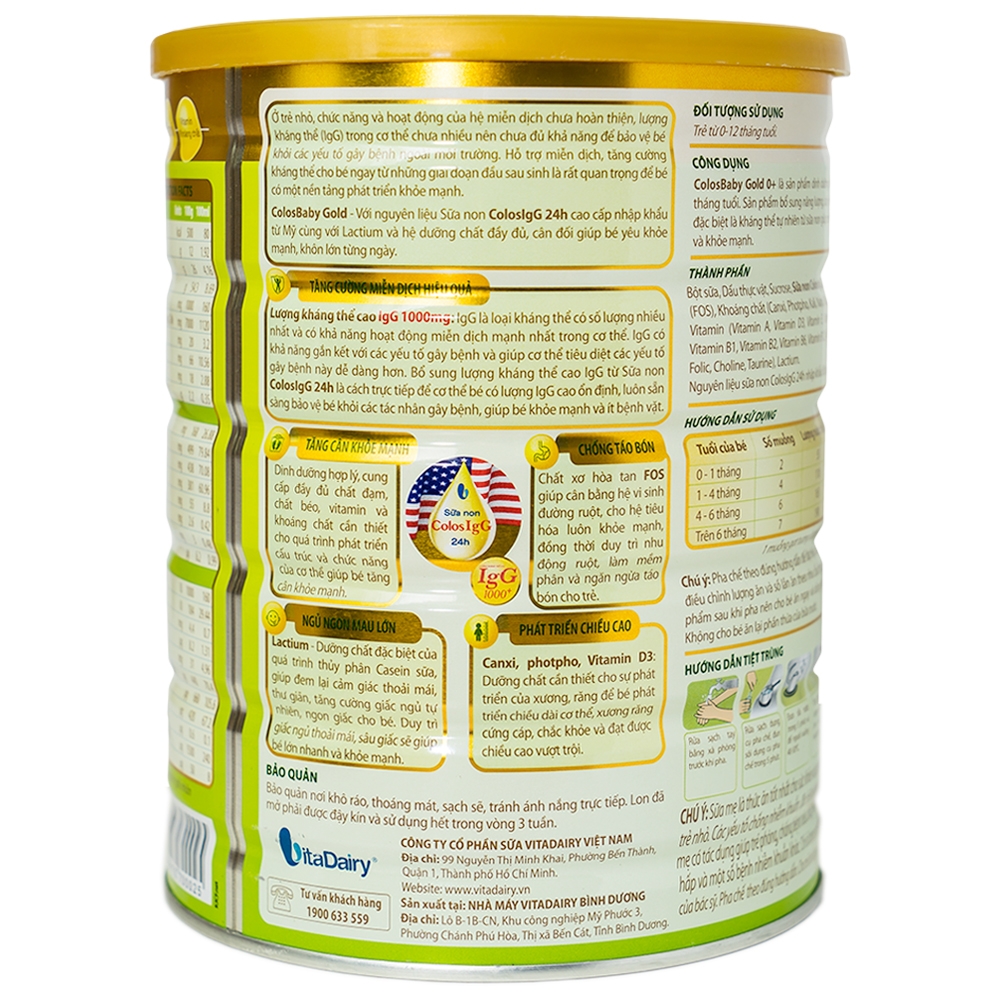 Sữa bổ sung kháng thể IgG tự nhiên cho trẻ từ 0 - 12 tháng ColosIgG 24h Vitadairy Colosbaby Gold(800g)