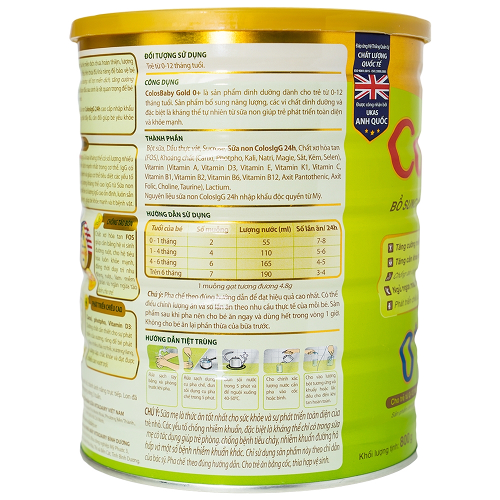 Sữa bổ sung kháng thể IgG tự nhiên cho trẻ từ 0 - 12 tháng ColosIgG 24h Vitadairy Colosbaby Gold(800g)