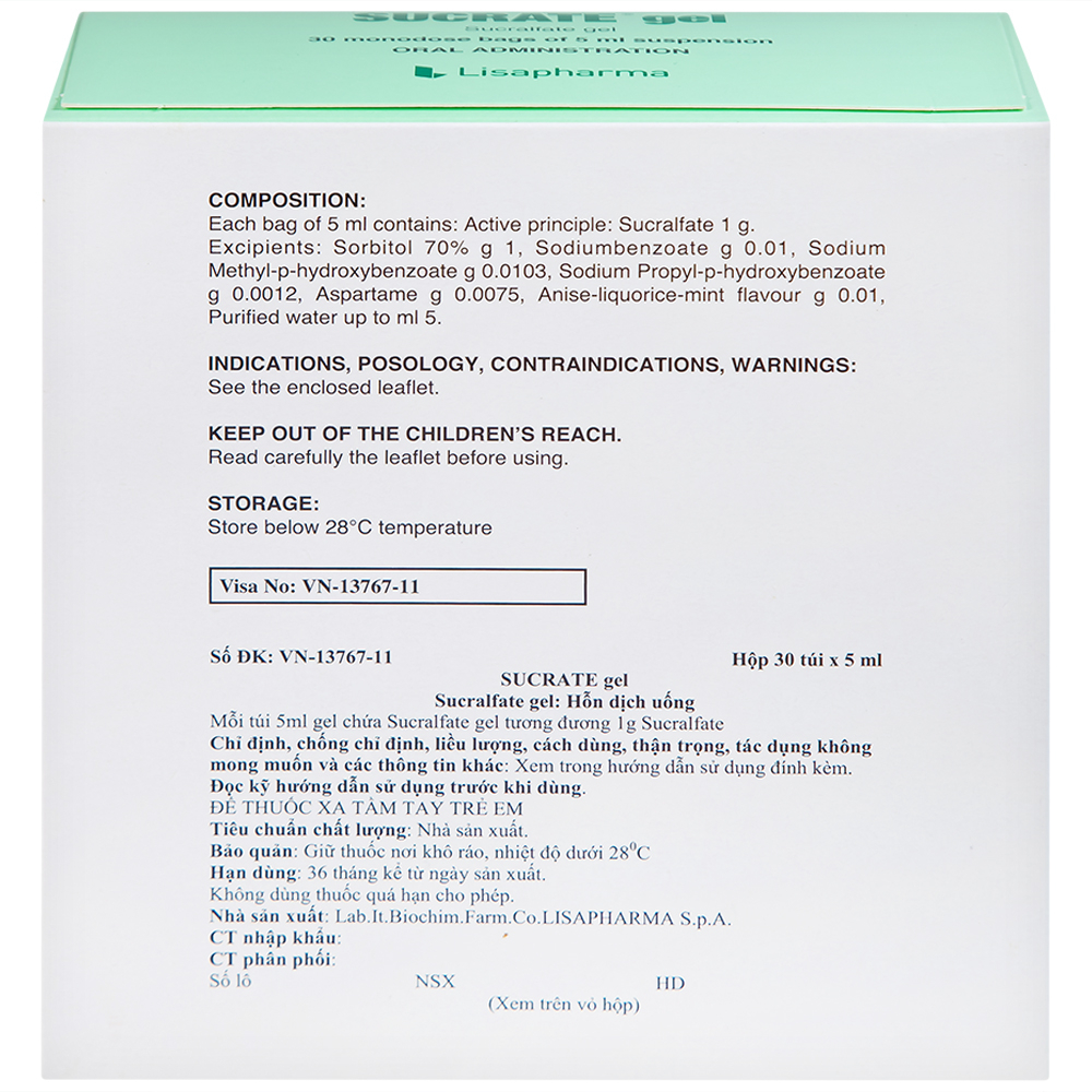 Hỗn dịch Sucrate Gel Istituto Biochimico Italiano điều trị loét dạ dày - tá tràng (30 gói x 5ml)