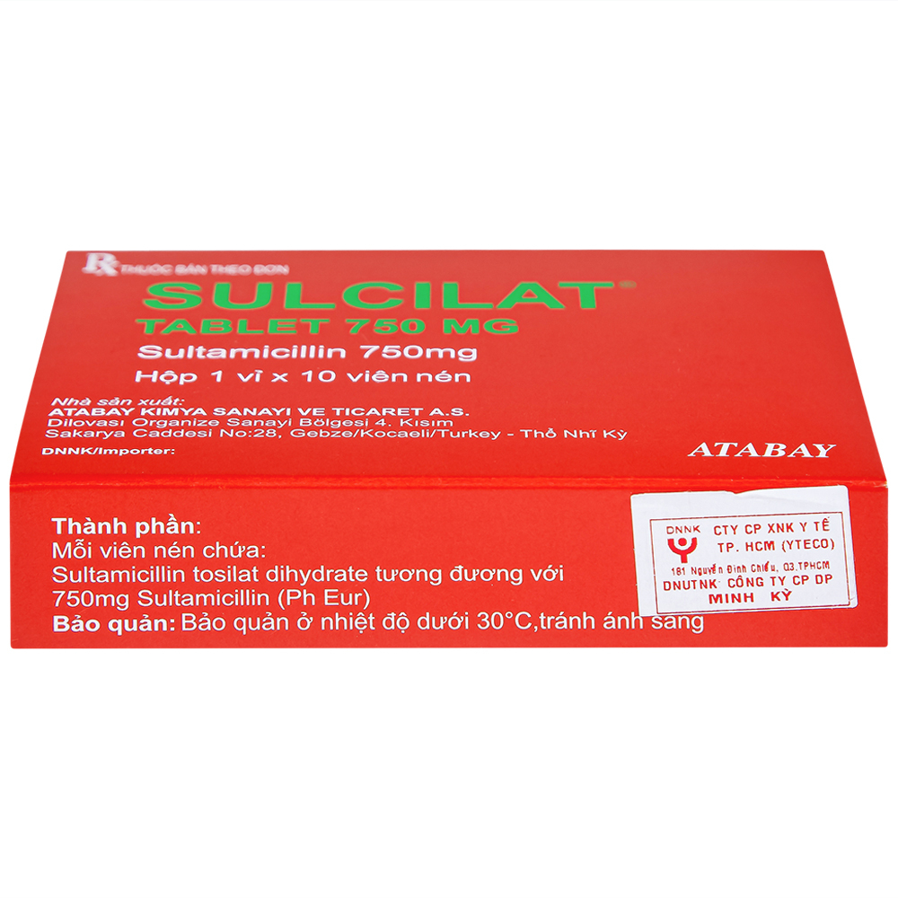 Thuốc Sulcilat 750mg Atabay điều trị các bệnh nhiễm khuẩn (1 vỉ x 10 viên)