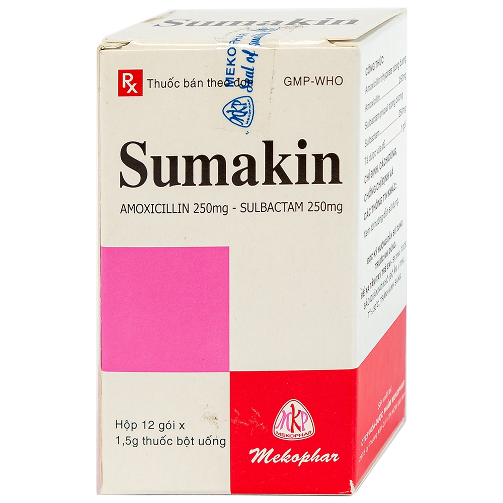 Bột uống Sumakin Mekophar điều trị nhiễm khuẩn miệng và đường hô hấp (12 gói x 1.5g)