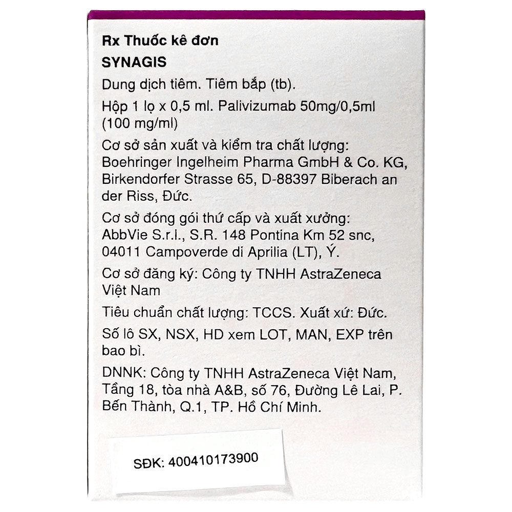 Dung dịch tiêm Synagis 50mg/0.5ml Astrazeneca điều trị để phòng ngừa bệnh đường hô hấp