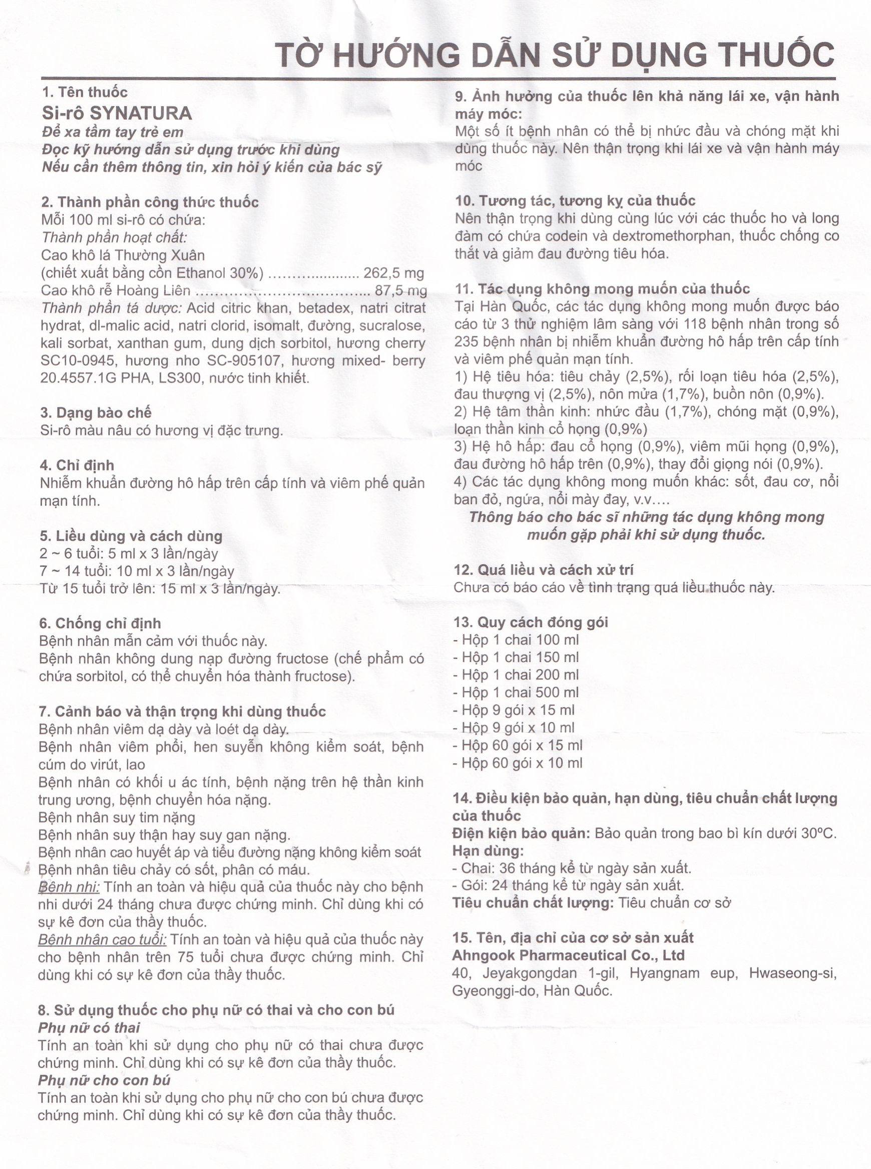 Siro Synatura Ahngook điều trị nhiễm khuẩn hô hấp, viêm phế quản (100ml)