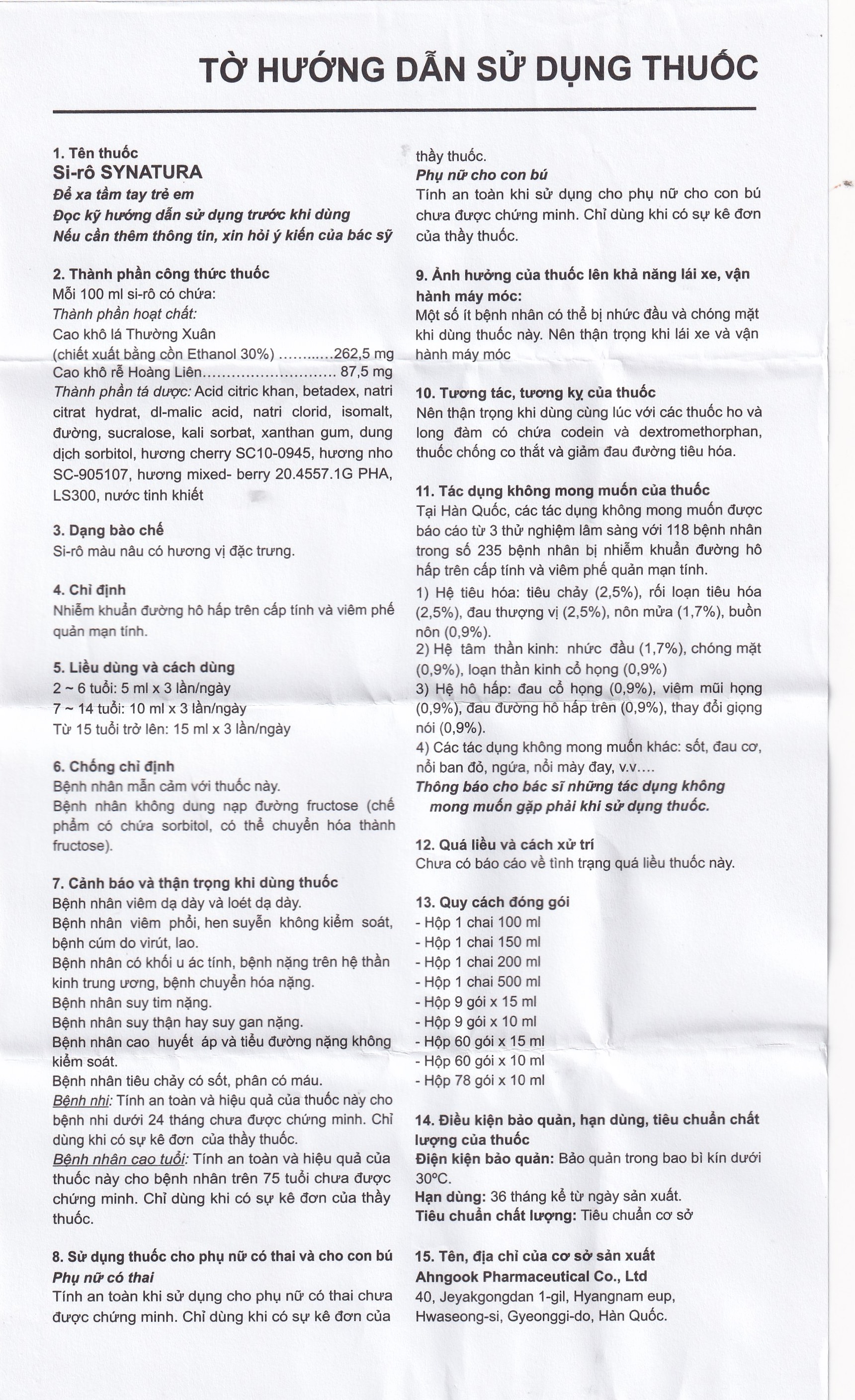 Siro Synatura Syrup AhnGook điều trị nhiễm khuẩn đường hô hấp trên cấp tính và viêm phế quản mạn tính (9 gói x 10ml)