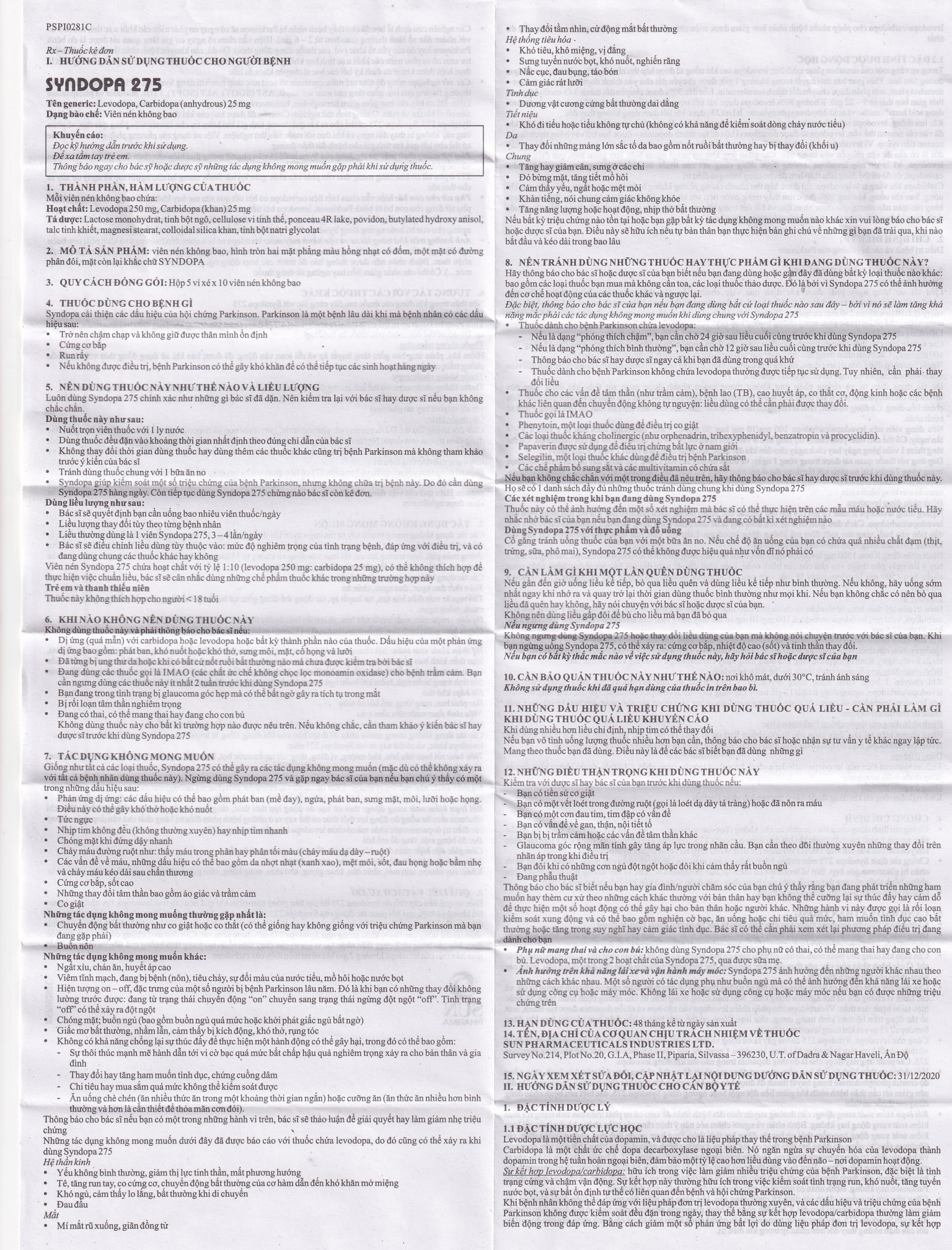 Thuốc Syndopa 275 Sun Pharma điều trị triệu chứng bệnh Parkinson (5 vỉ x 10 viên)