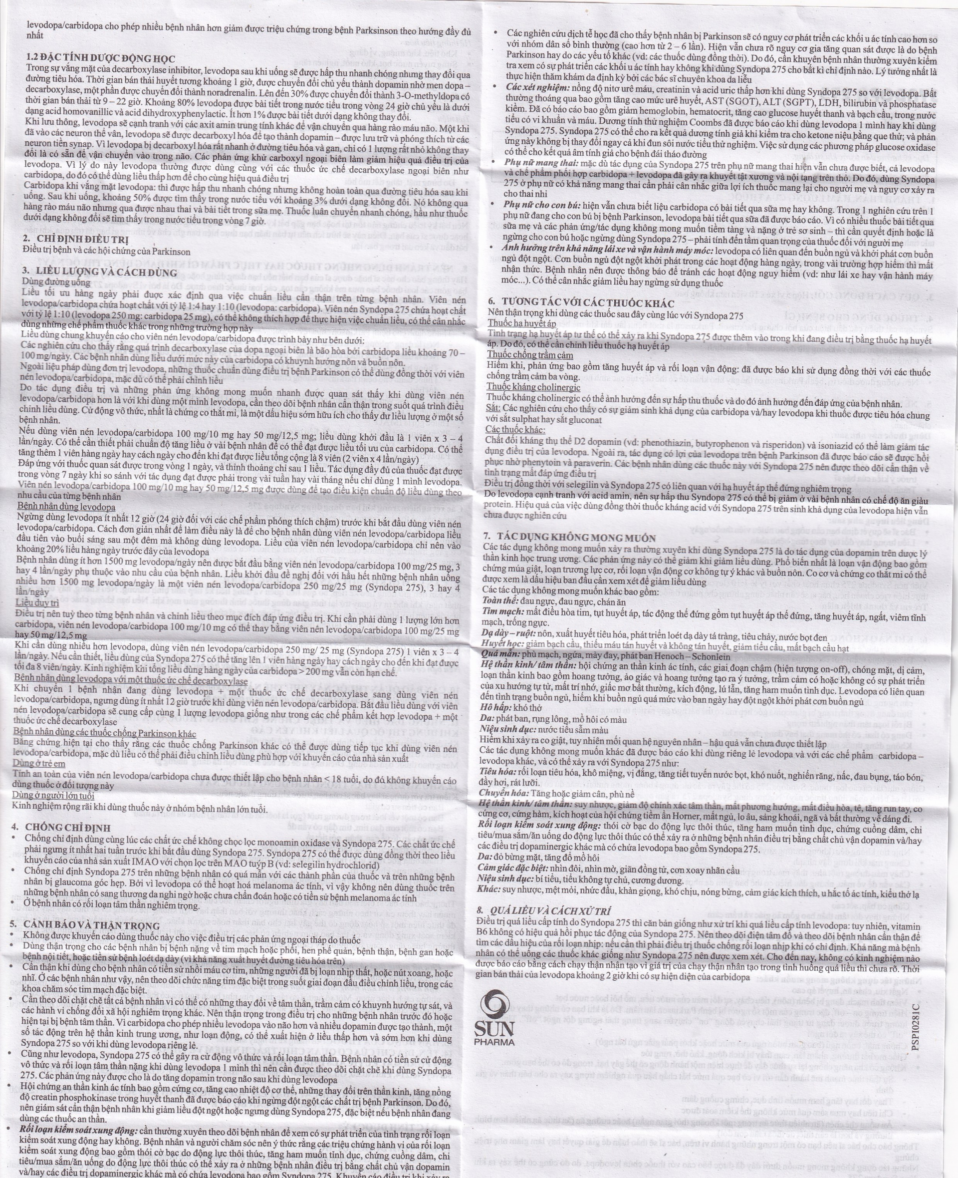 Thuốc Syndopa 275 Sun Pharma điều trị triệu chứng bệnh Parkinson (5 vỉ x 10 viên)