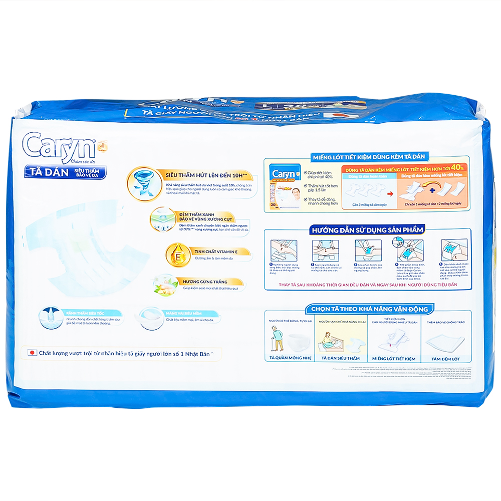 Tã dán người lớn Caryn siêu thấm size L20, vòng hông 68 x 122cm (20 miếng)
