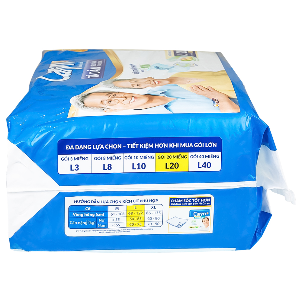 Tã dán người lớn Caryn siêu thấm size L20, vòng hông 68 x 122cm (20 miếng)