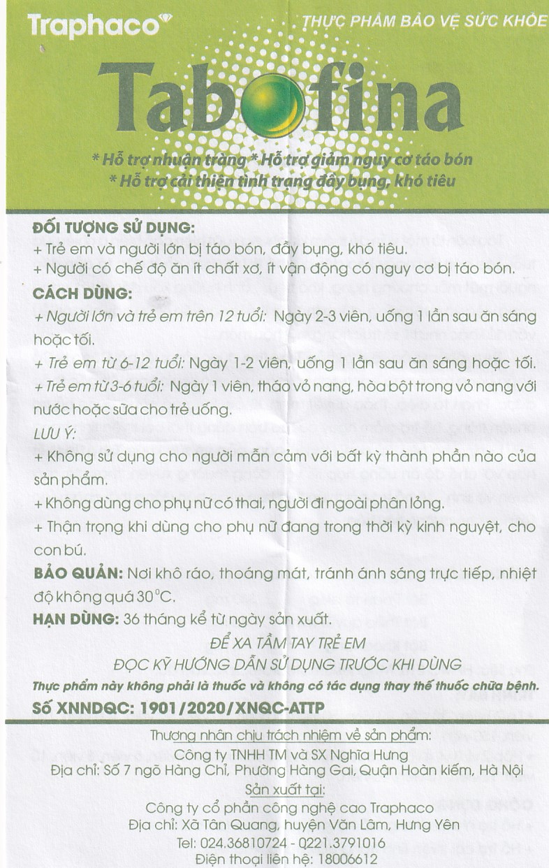 Viên hỗ trợ giảm nguy cơ táo bón Tabofina Traphaco (3 vỉ x 10 viên)