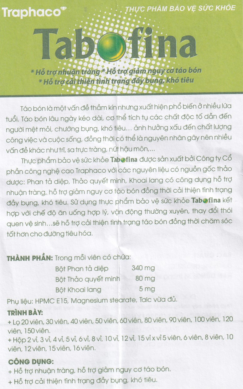 Viên hỗ trợ giảm nguy cơ táo bón Tabofina Traphaco (3 vỉ x 10 viên)