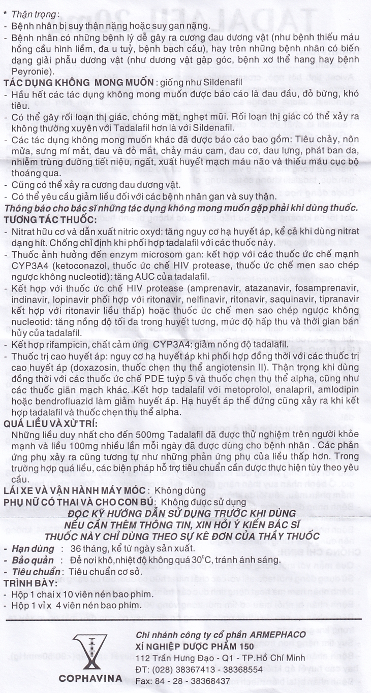 Thuốc Tadalafil 20mg Cophavina điều trị rối loạn cương dương (1 vỉ x 4 viên)