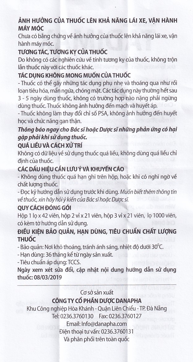 Thuốc Tadimax Danapha điều trị phì đại lành tính tuyến tiền liệt và u xơ tử cung (42 viên)