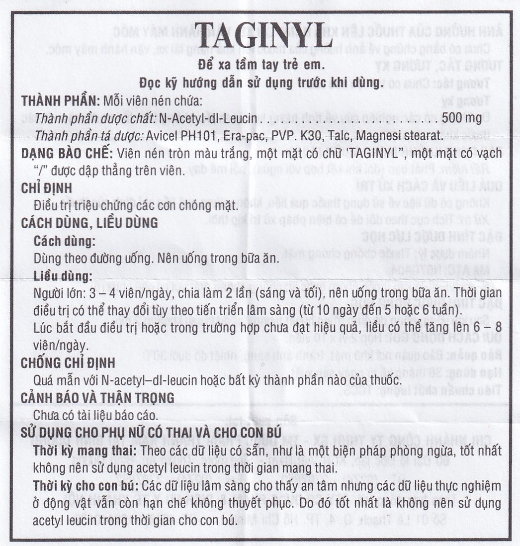 Thuốc Taginyl 500mg Thành Nam điều trị triệu chứng cơn chóng mặt (2 vỉ x 10 viên)