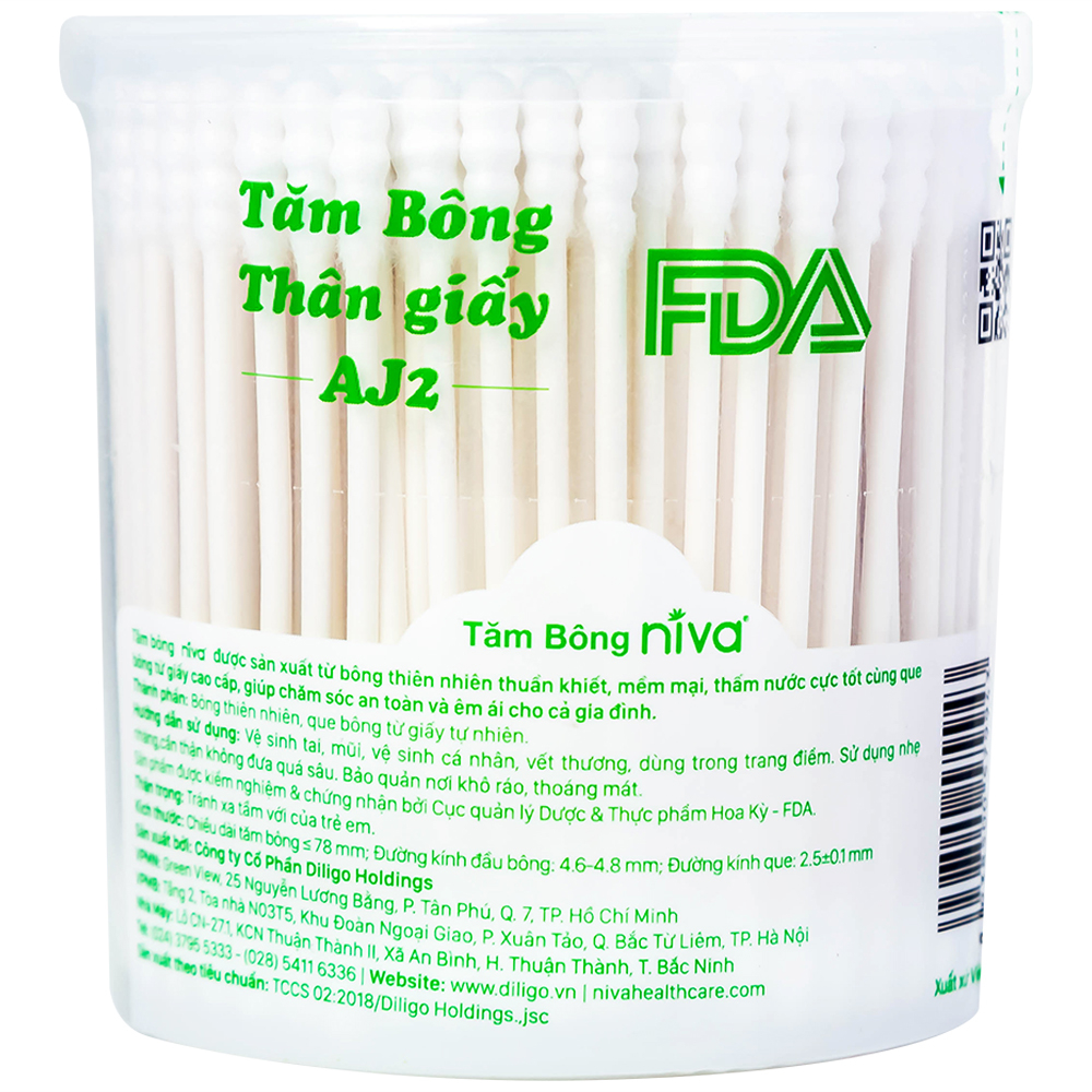 Tăm bông Niva Cotton Buds AJ2 thân giấy 1 đầu tròn 1 đầu xoắn vệ sinh tai, mũi, vết thương (200 que)