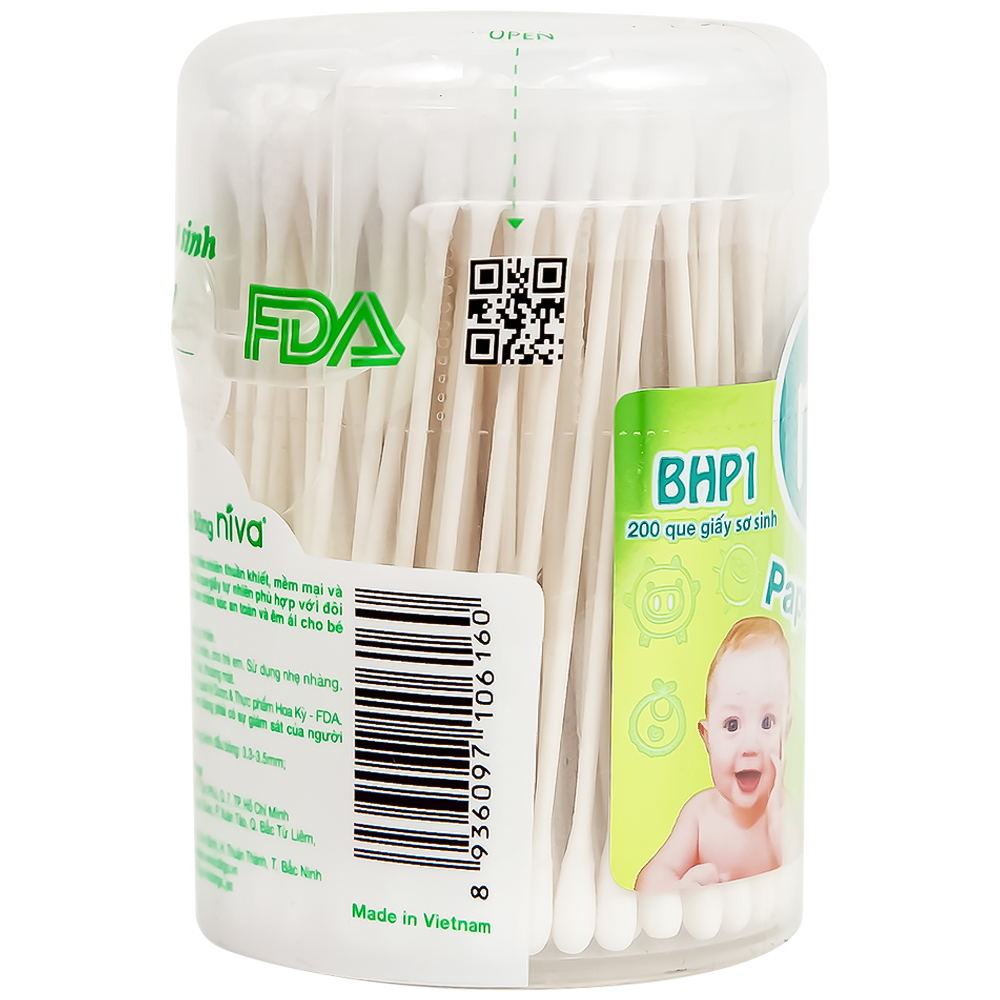 Tăm bông sơ sinh Niva BHP1 thân giấy 2 đầu tròn vệ sinh tai, mũi, vệ sinh cá nhân (200 que) 