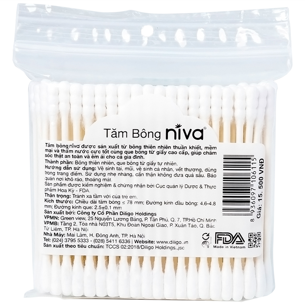 Tăm bông Niva AZP2 Paper Cotton Buds túi zip 1 đầu tròn 1 đầu xoắn vệ sinh tai, mũi, vết thương (100 que)