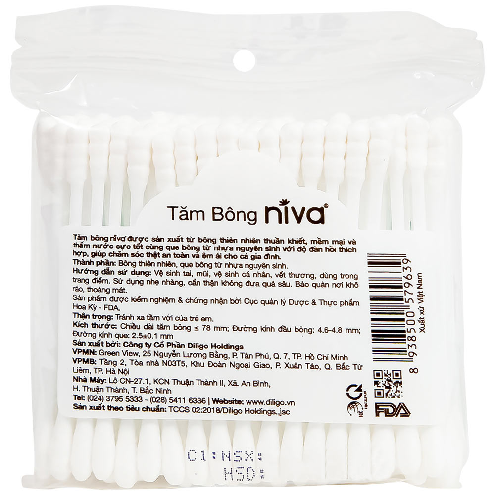 Tăm bông Niva AZ2 túi zipper 1 đầu tròn 1 đầu xoắn hỗ trợ vệ sinh tai, mũi, vết thương (100 que)