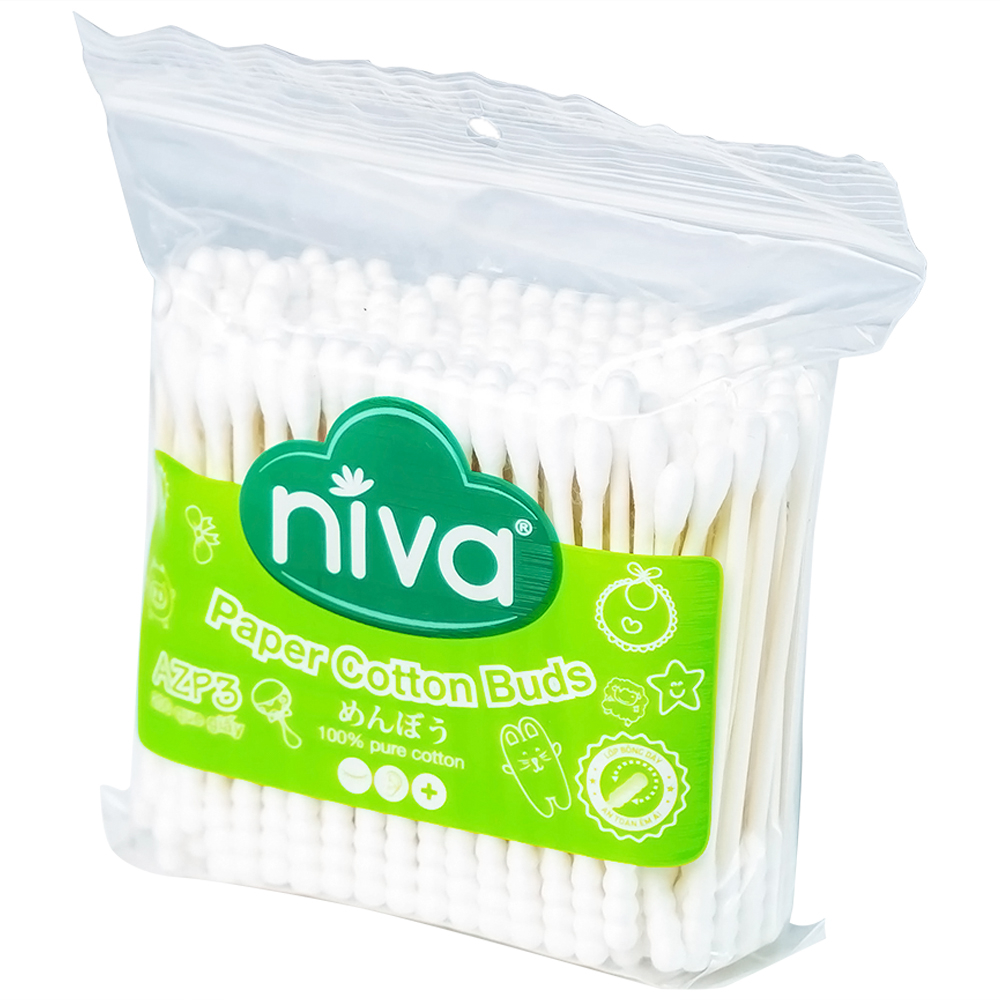 Tăm bông Niva AZP3 Paper Cotton Buds túi Zip 1 đầu tròn 1 đầu xoắn vệ sinh tai, mũi, vết thương (200 que)